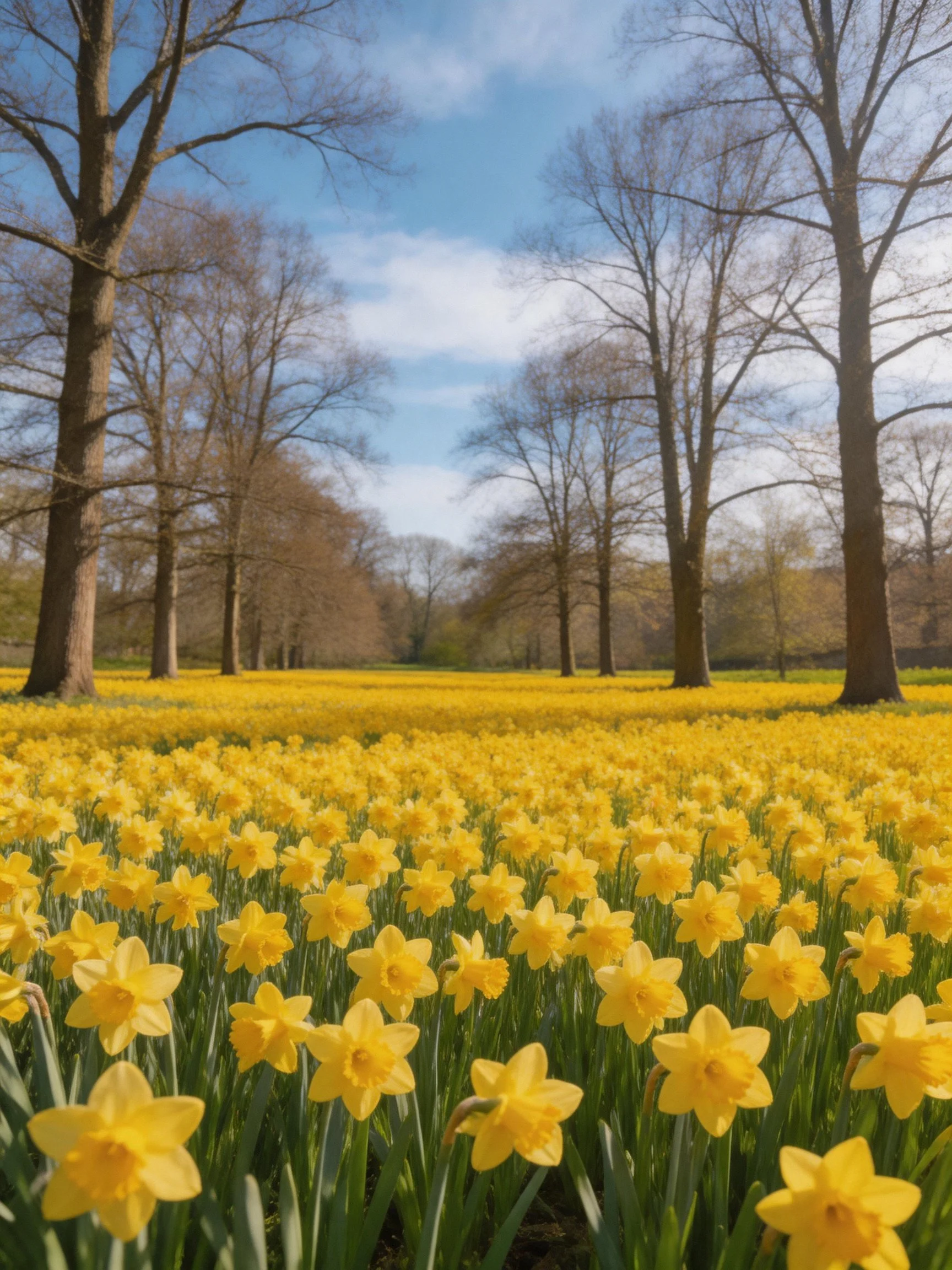 A sprawling field of bright yellow daffodils near tall leafless trees