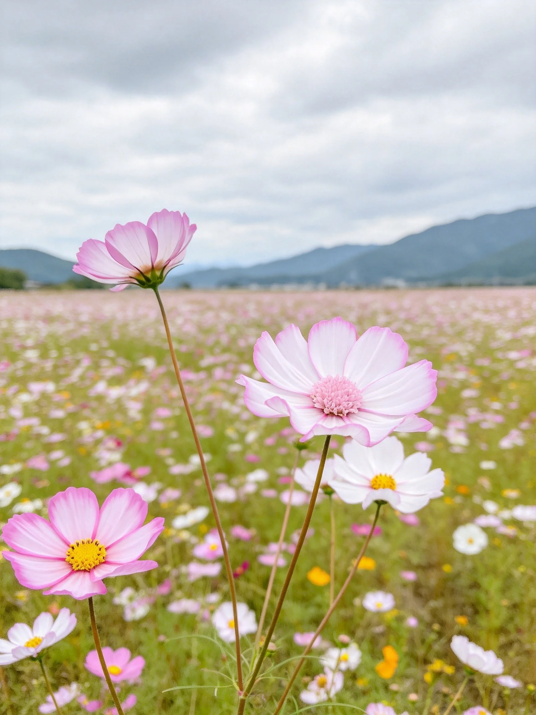 A sprawling field of pink and white cosmos flowers near misty mountains