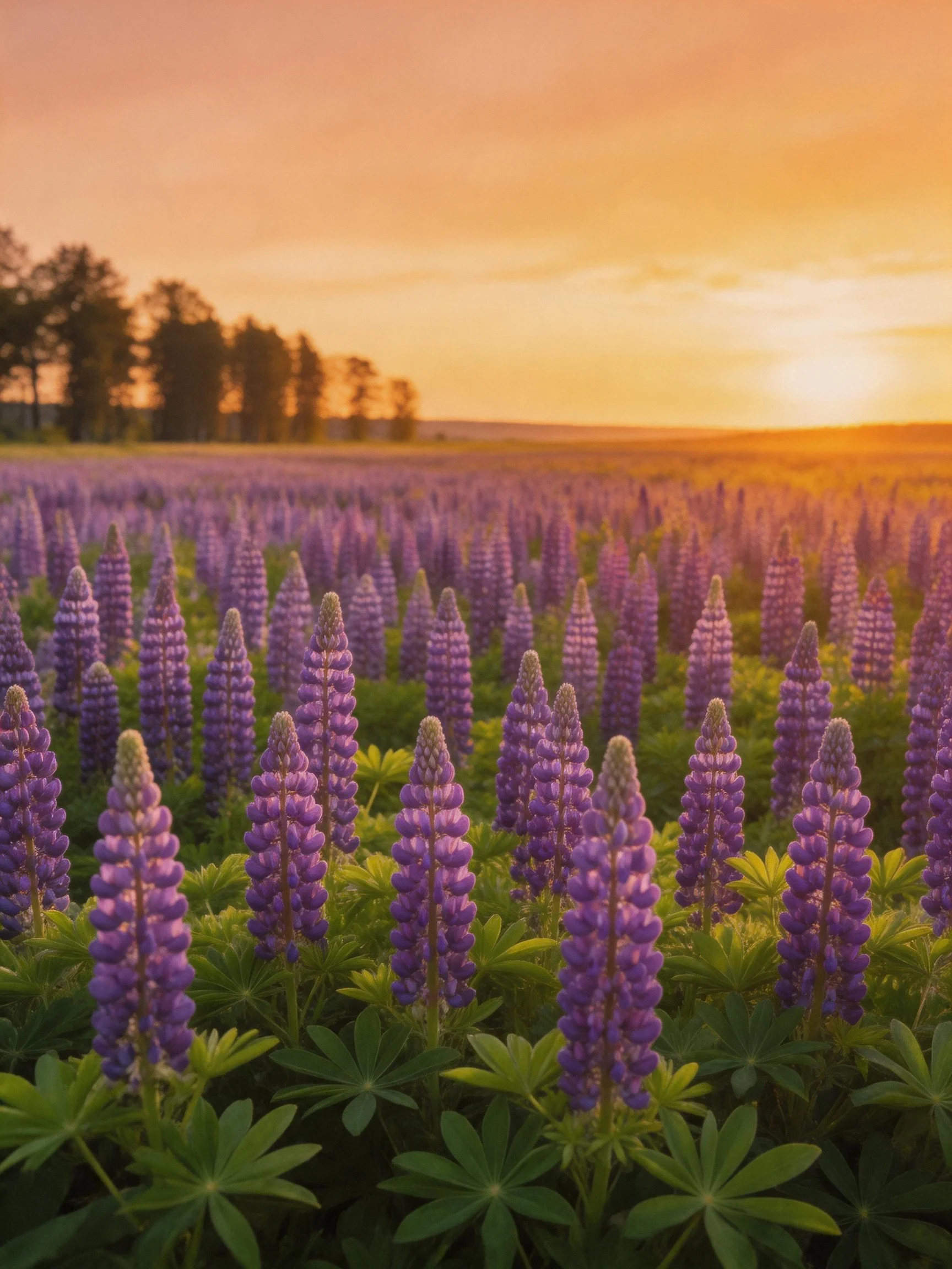 A sprawling field of purple lupines under golden sunset