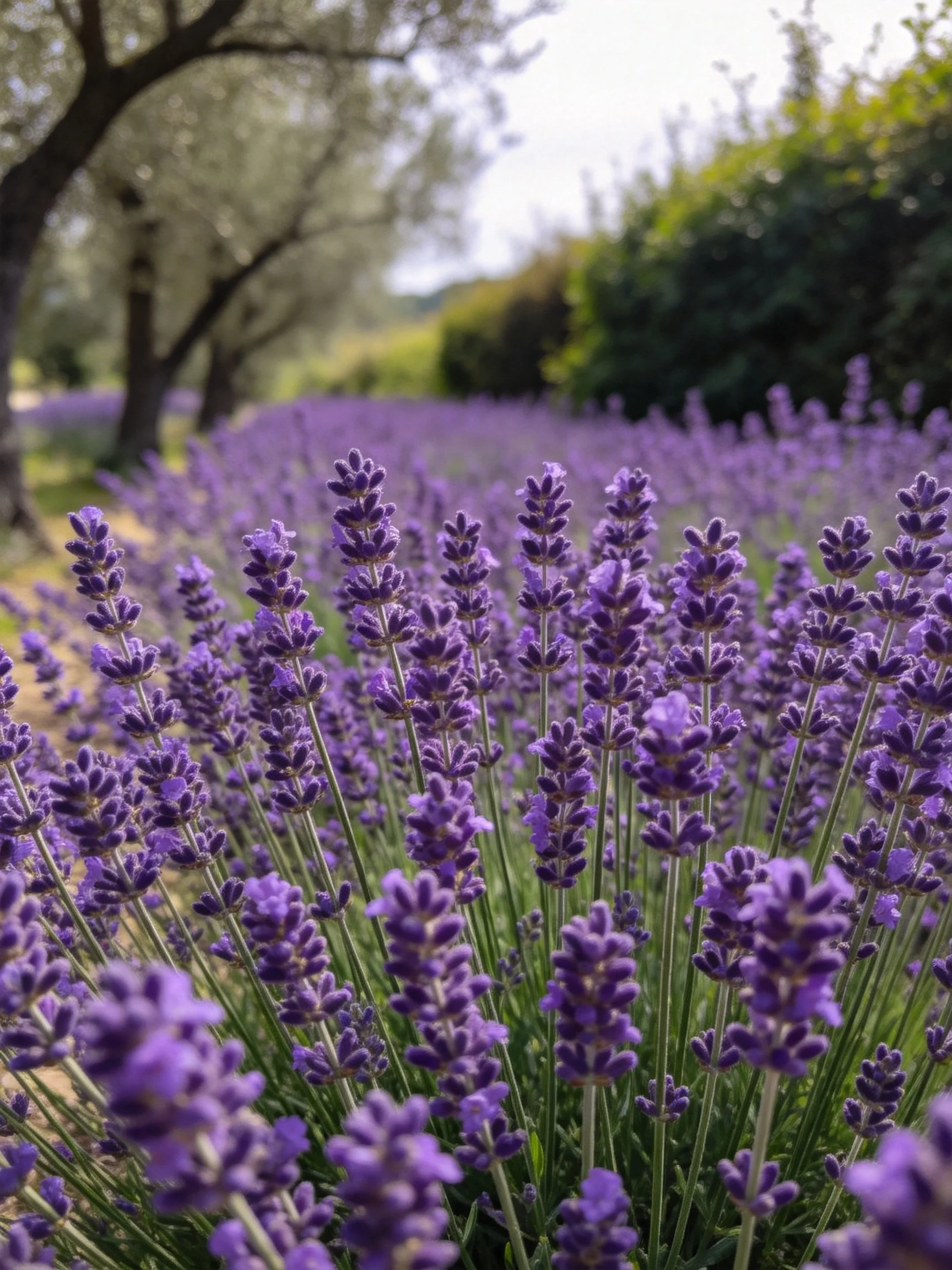 A sprawling lavender field with tall purple blooms and distant trees
