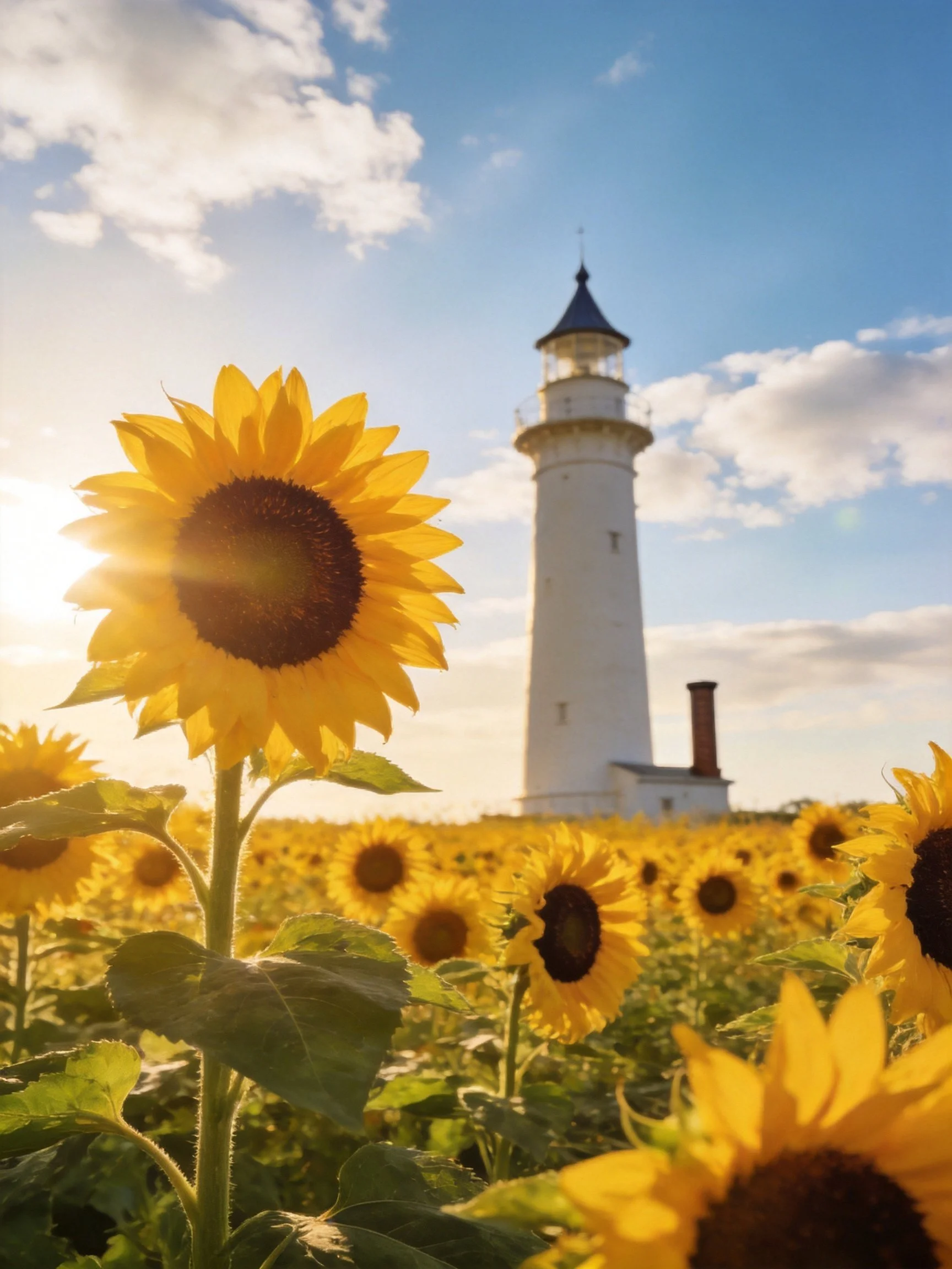 A sprawling sunflower field with a tall white lighthouse under sunny skies