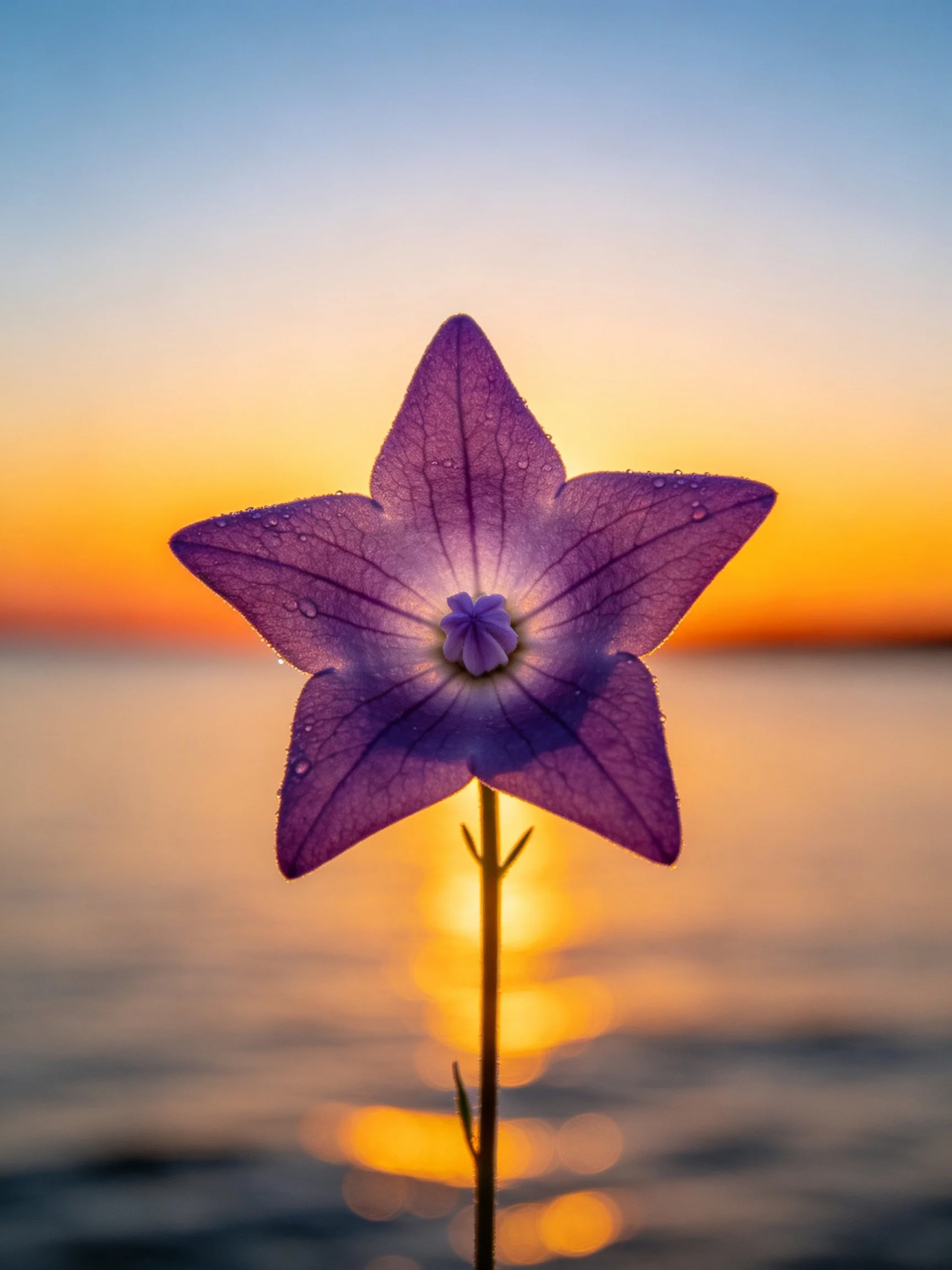 A star - shaped purple flower with dewdrops against a sunset over water