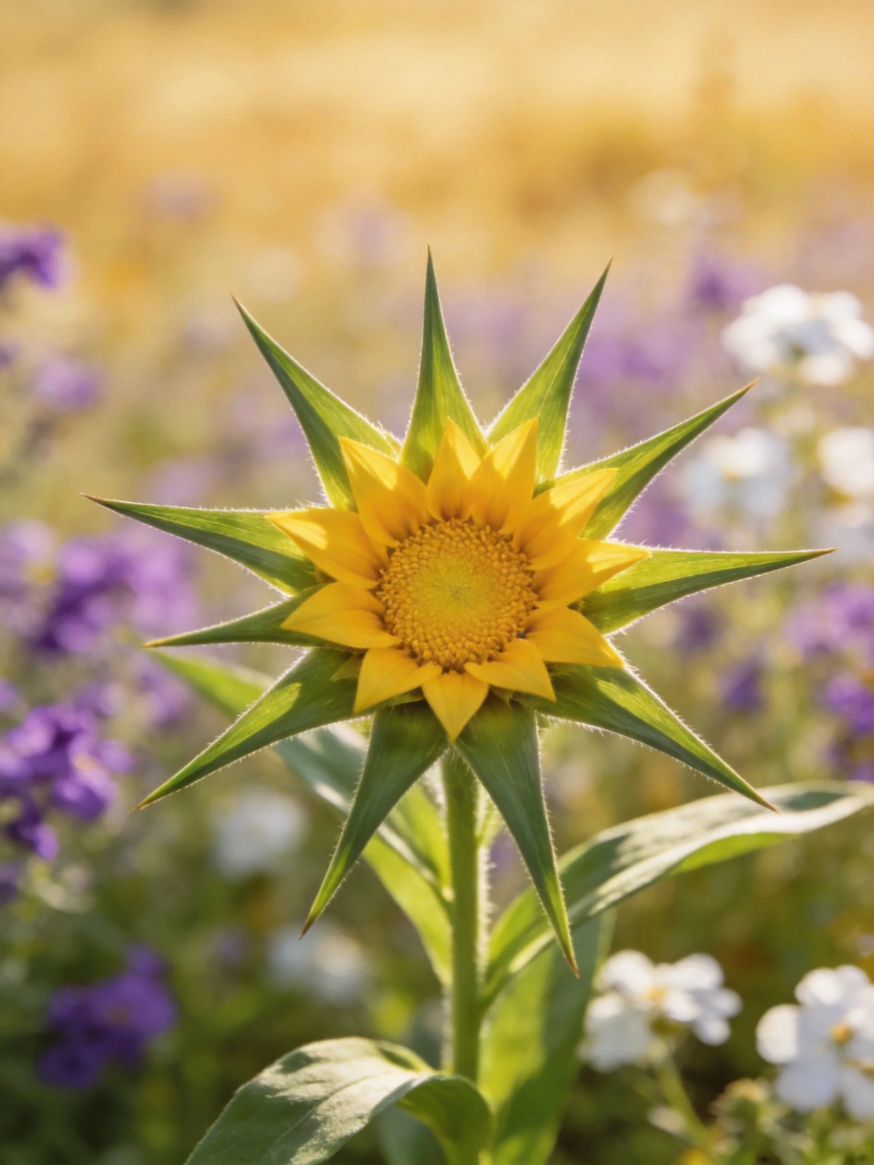A star - shaped yellow flower with green spines amid colorful wildflowers