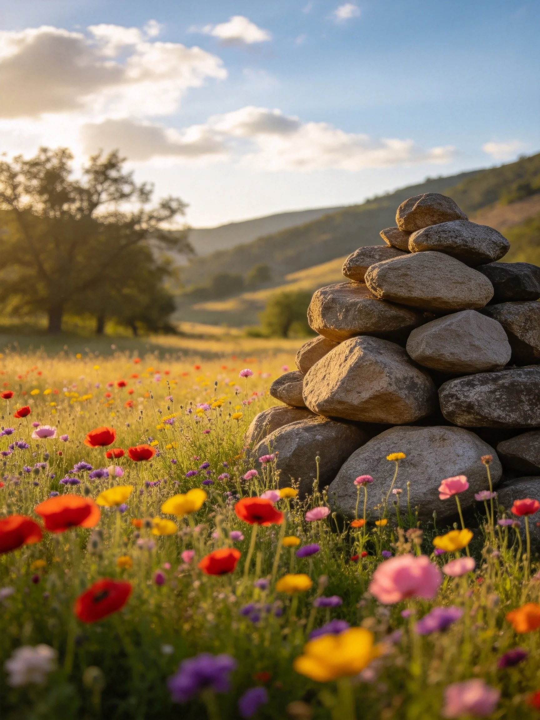A stone cairn near vibrant wildflowers in a sunlit meadow