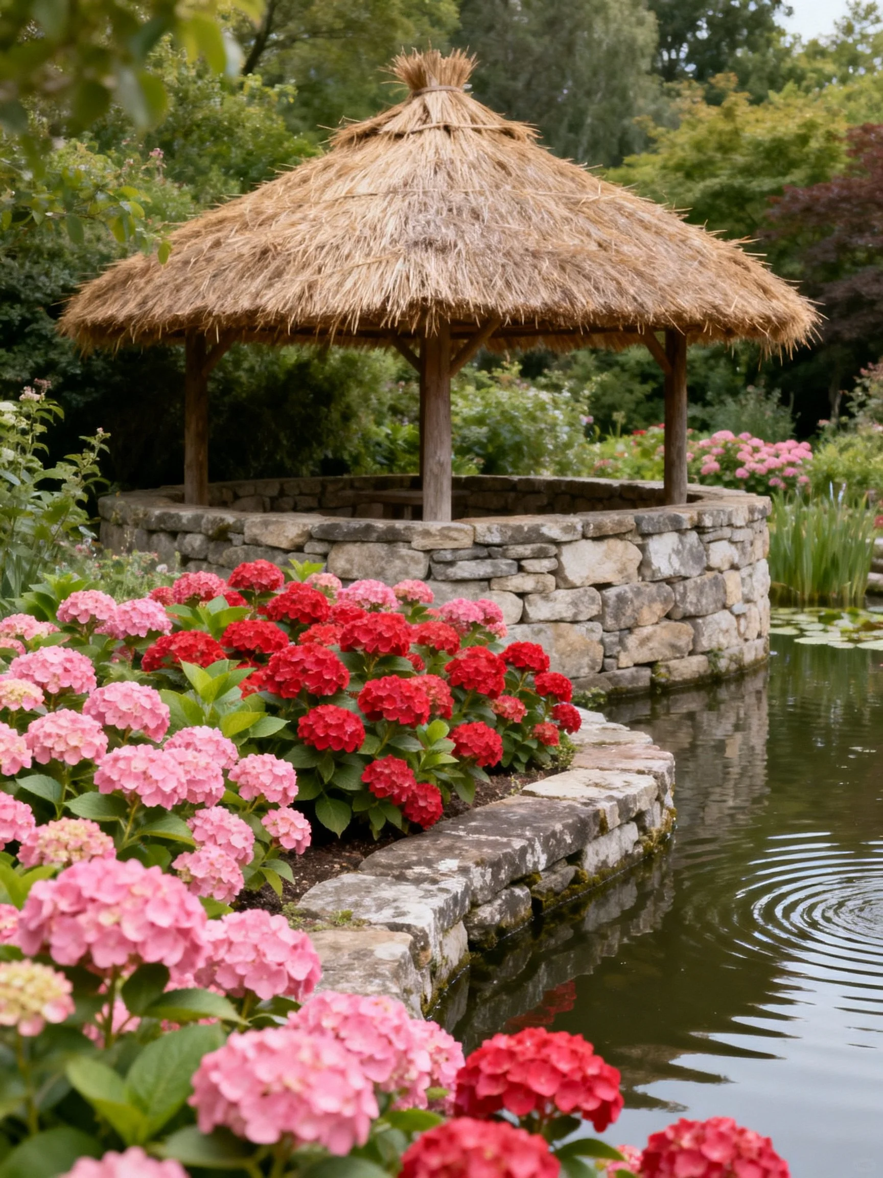 A stone-walled gazebo with pink and red hydrangeas beside a pond