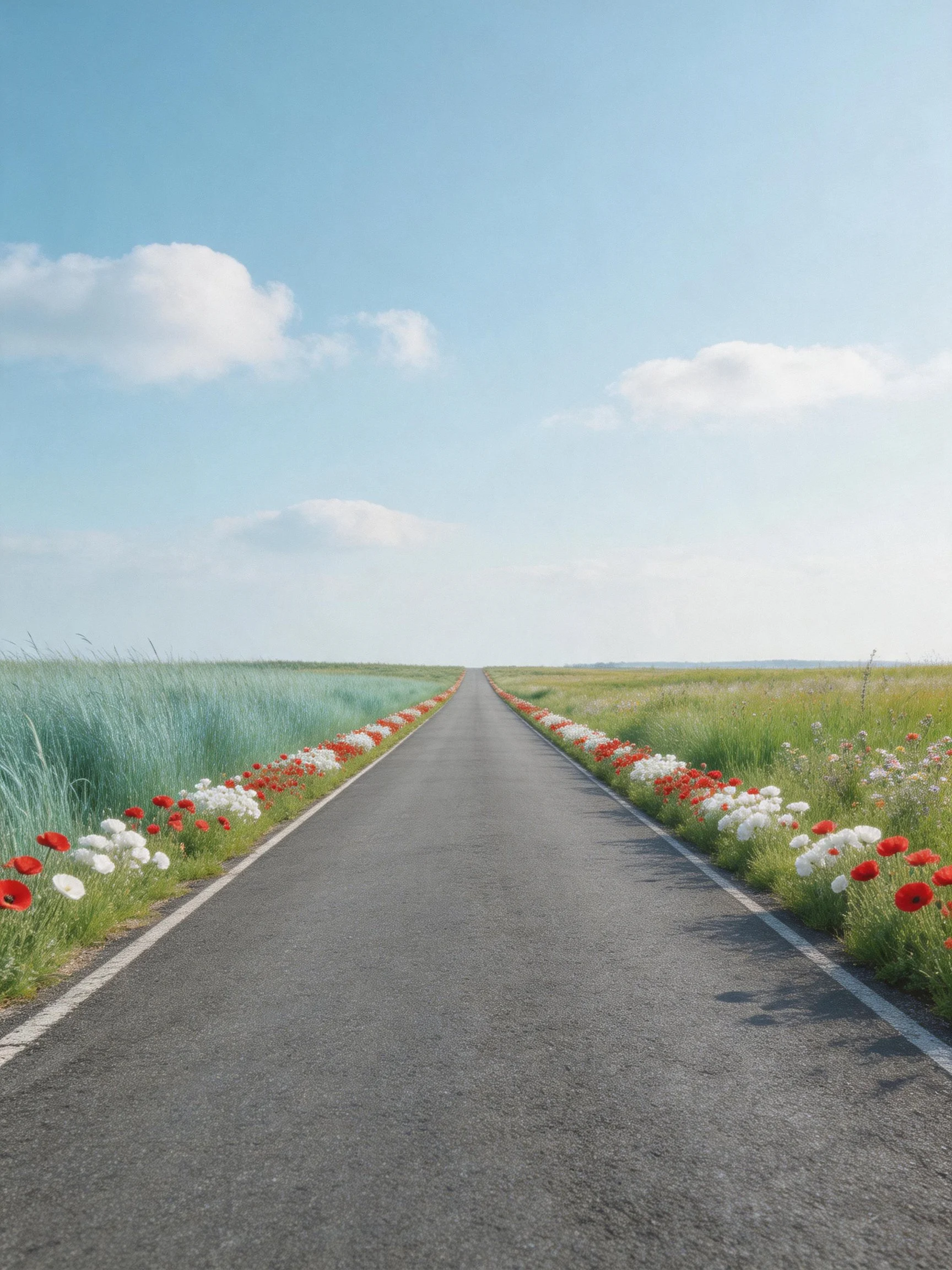 A straight asphalt road lined with red and white flowers under a bright sky
