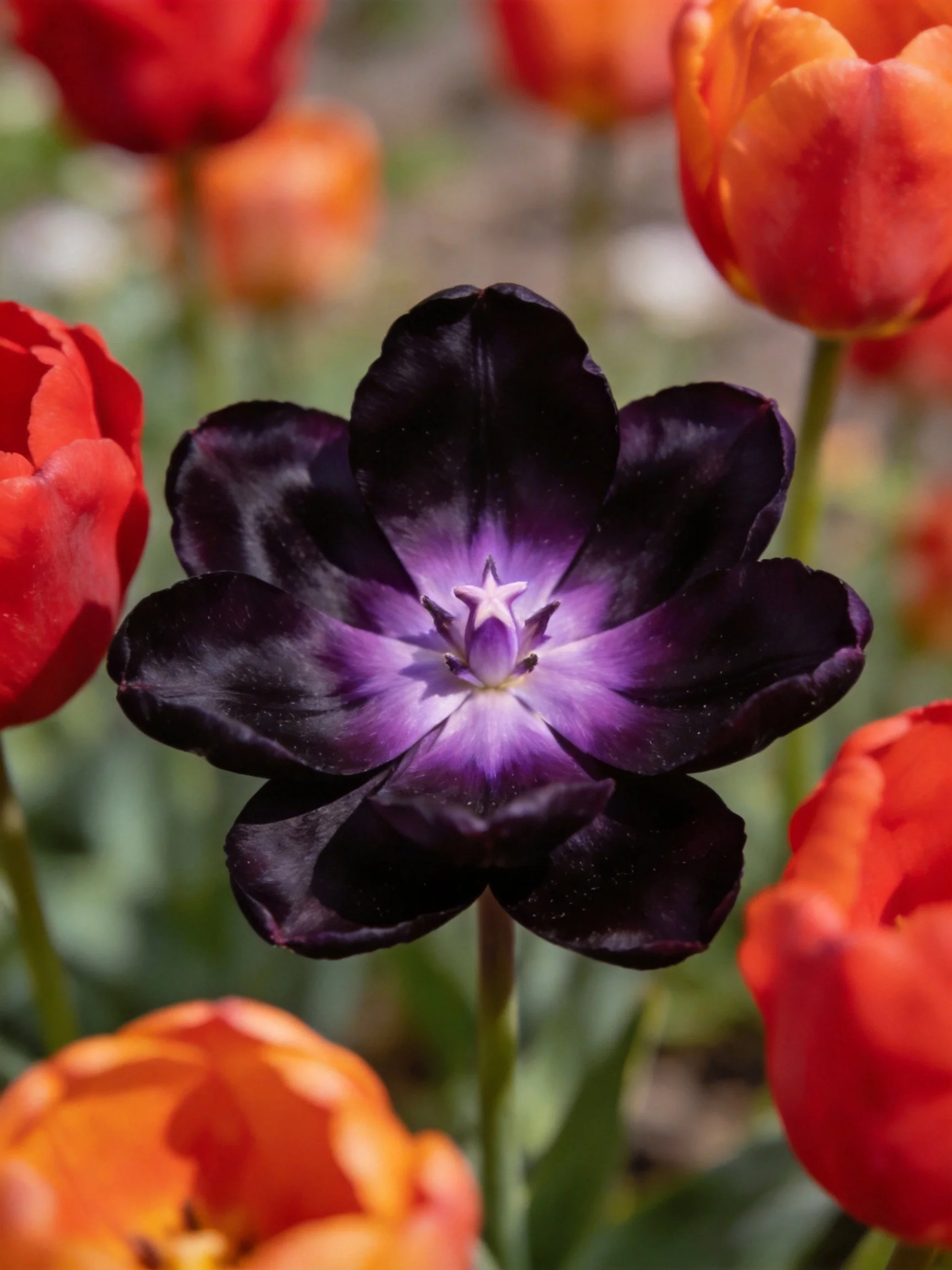 A striking black-purple flower amidst vibrant red and orange tulips