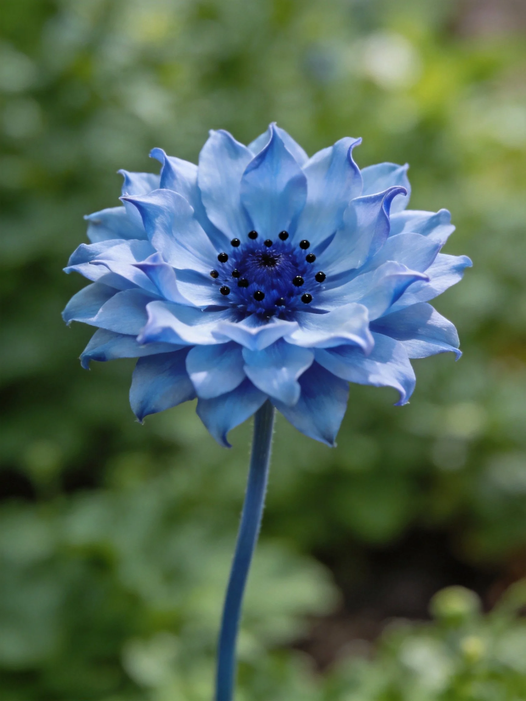 A striking blue flower with layered petals and dark central disc