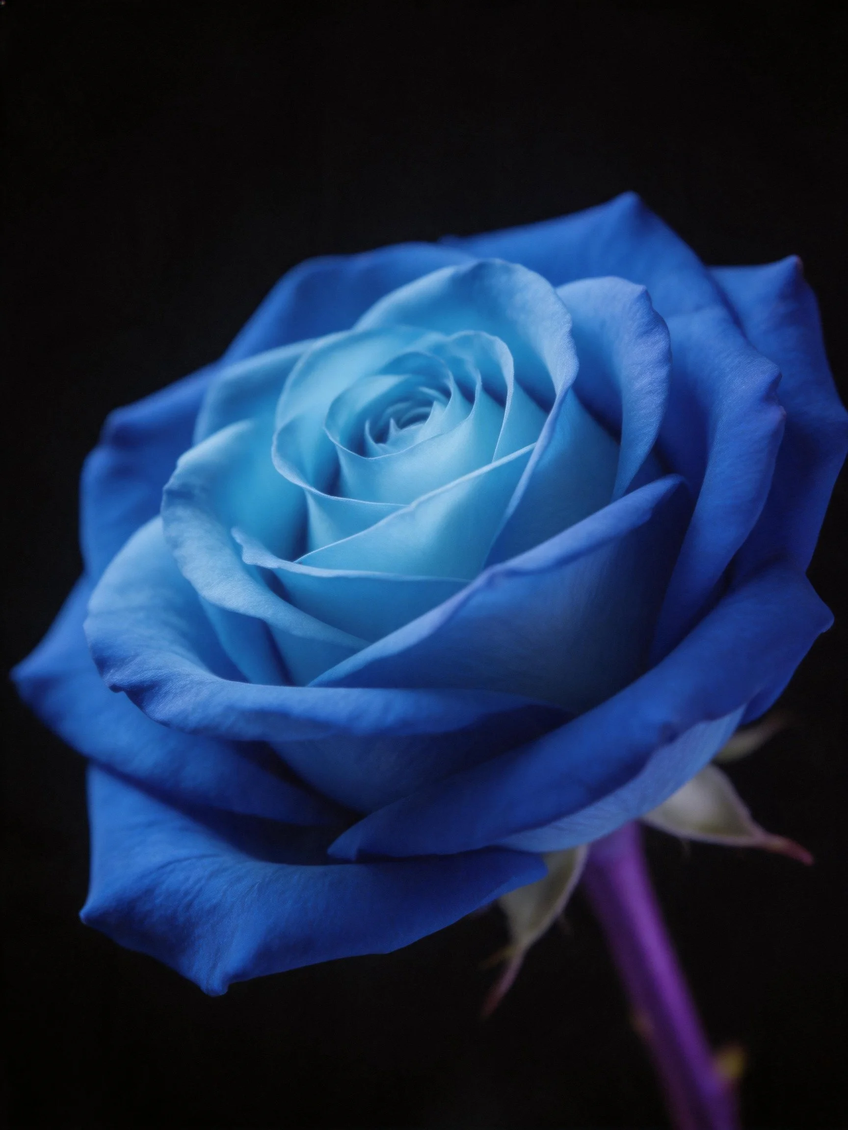 A striking blue rose with layered petals on a black background