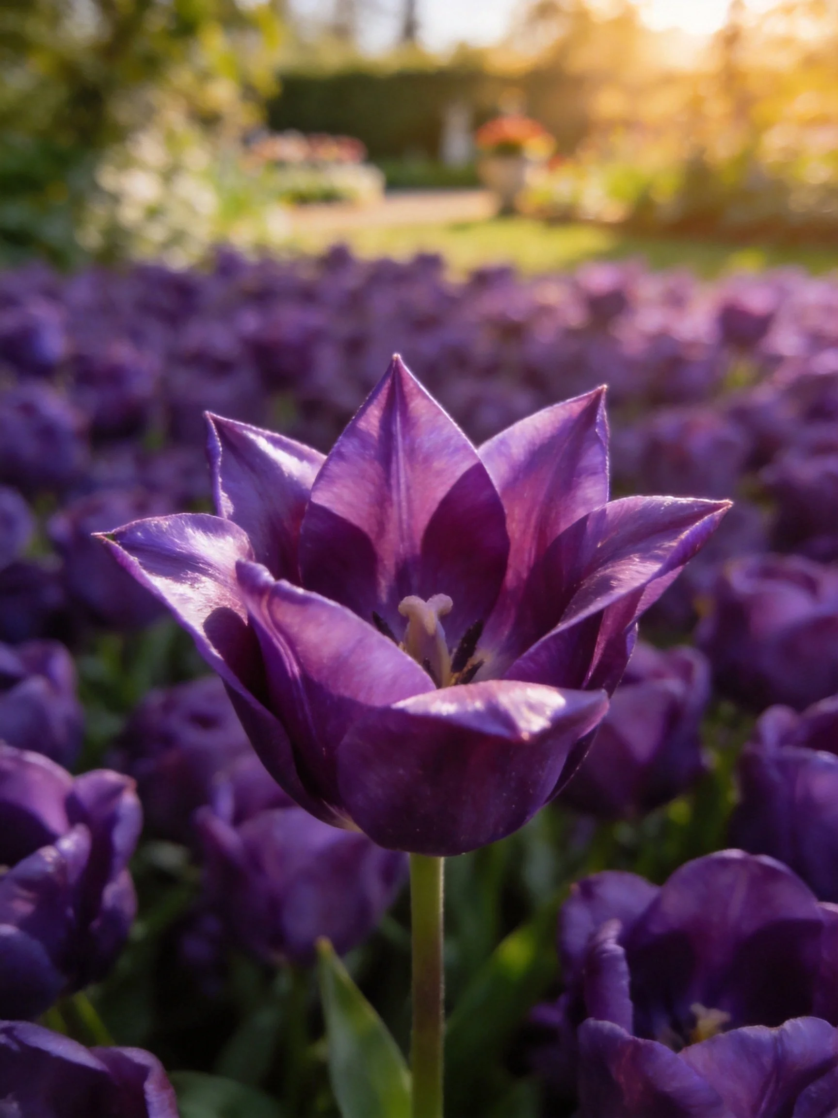 A striking purple tulip centered amid numerous purple flowers under golden light