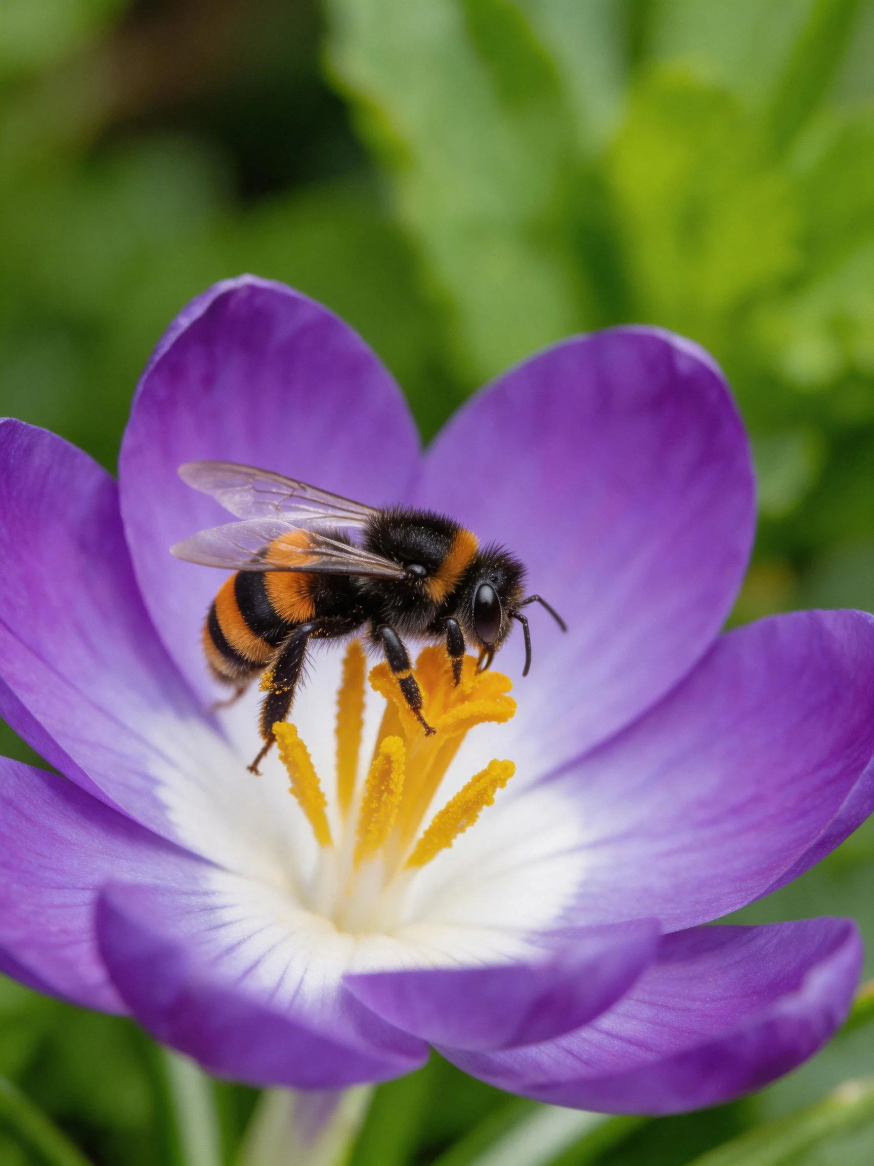 A striped bee gathers pollen from a vibrant purple crocus