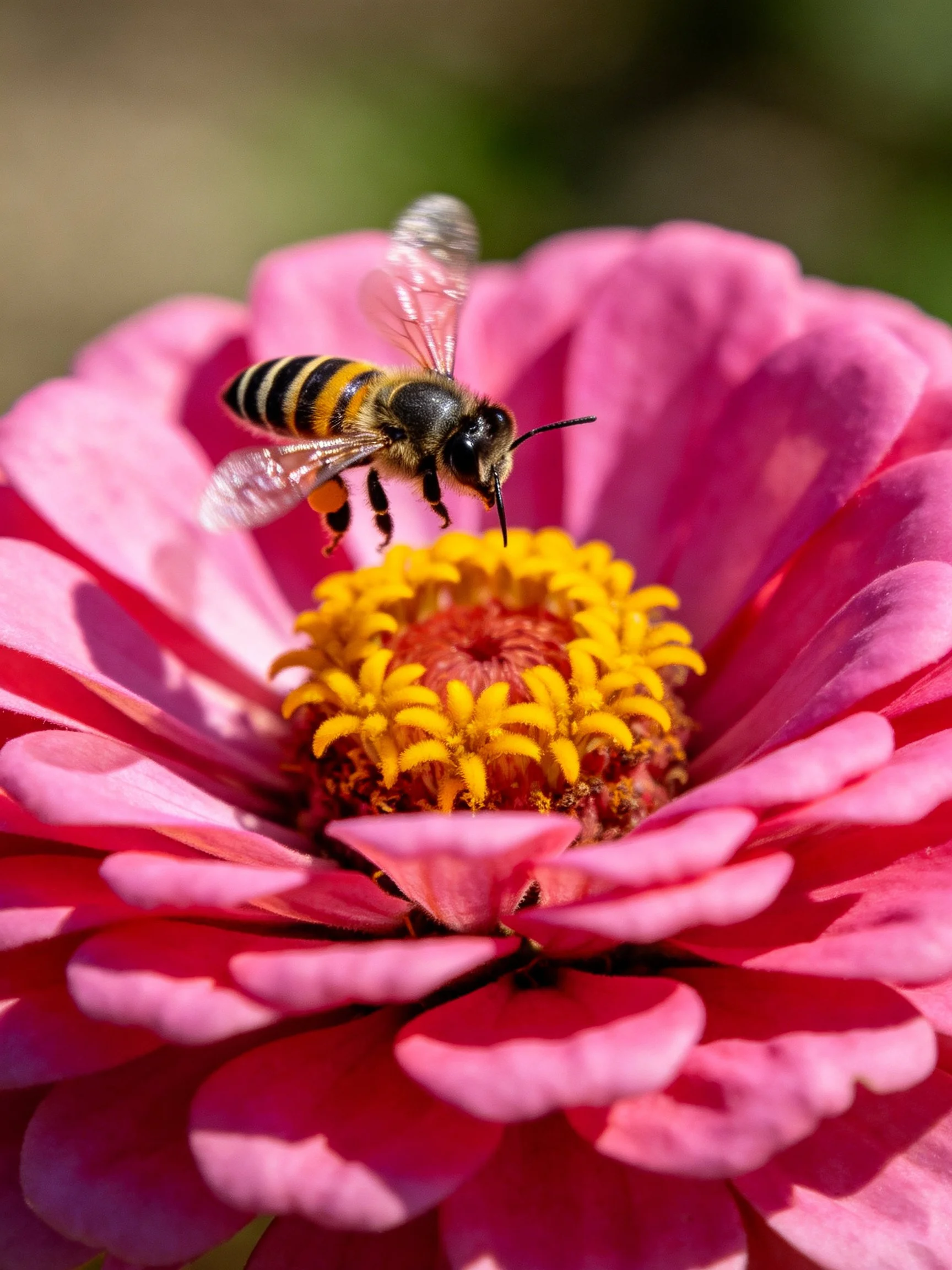 A striped bee hovers over a vibrant pink flower with a yellow center