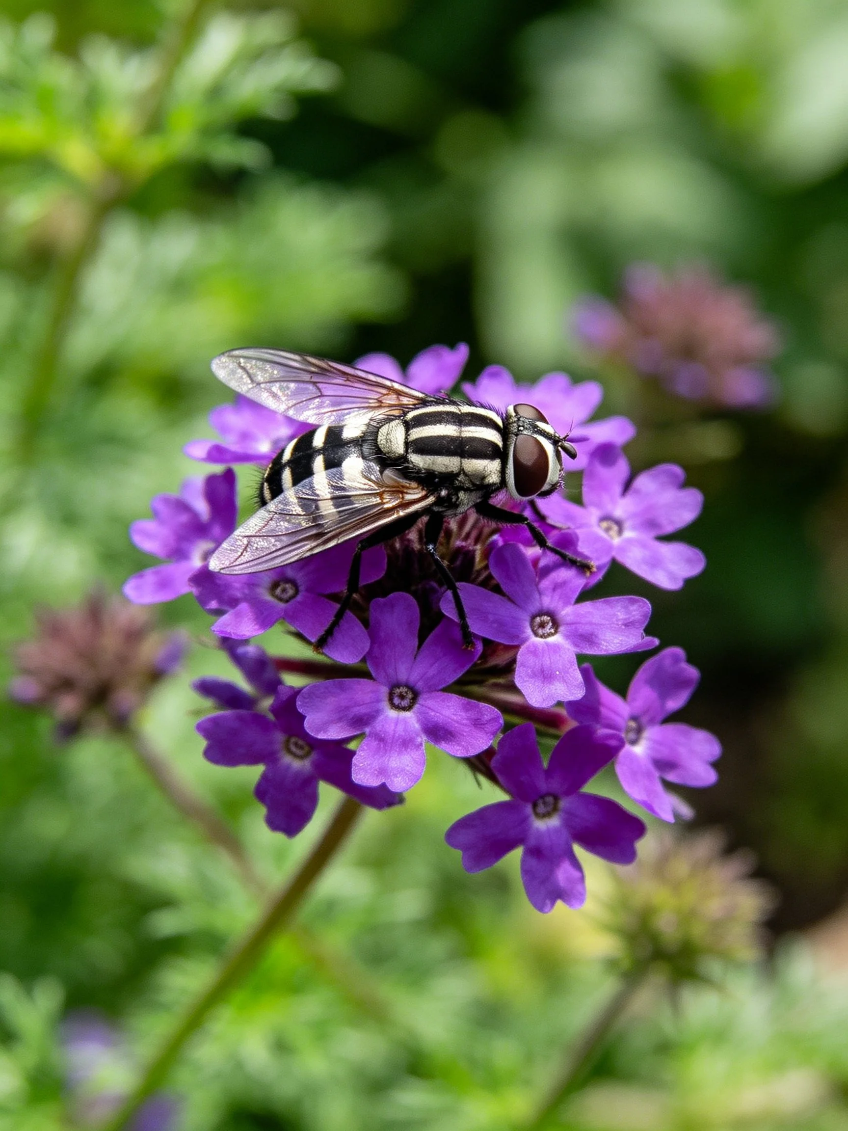 A striped fly perched on vibrant purple flowers