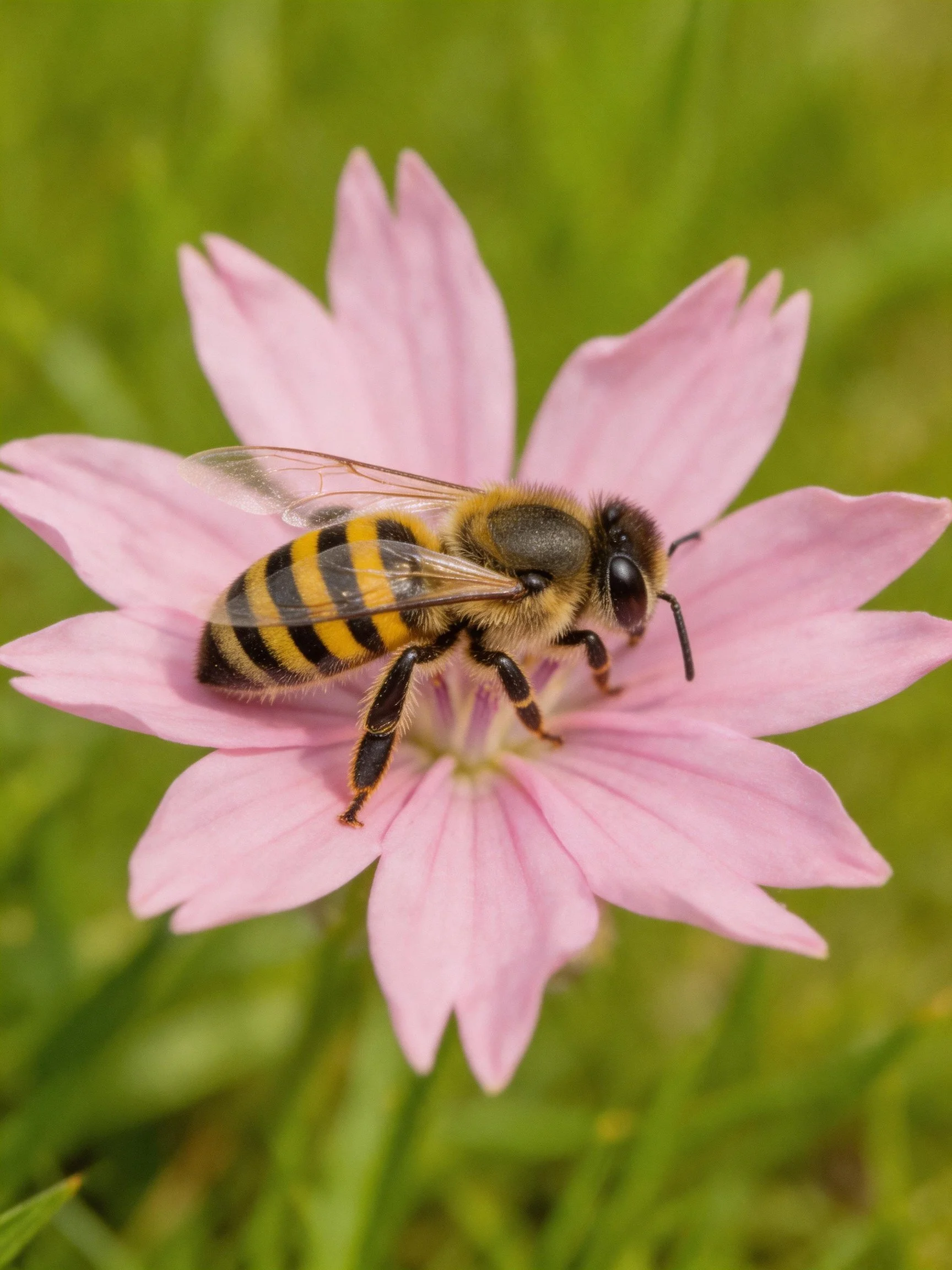 A striped honeybee collecting nectar from a pink flower