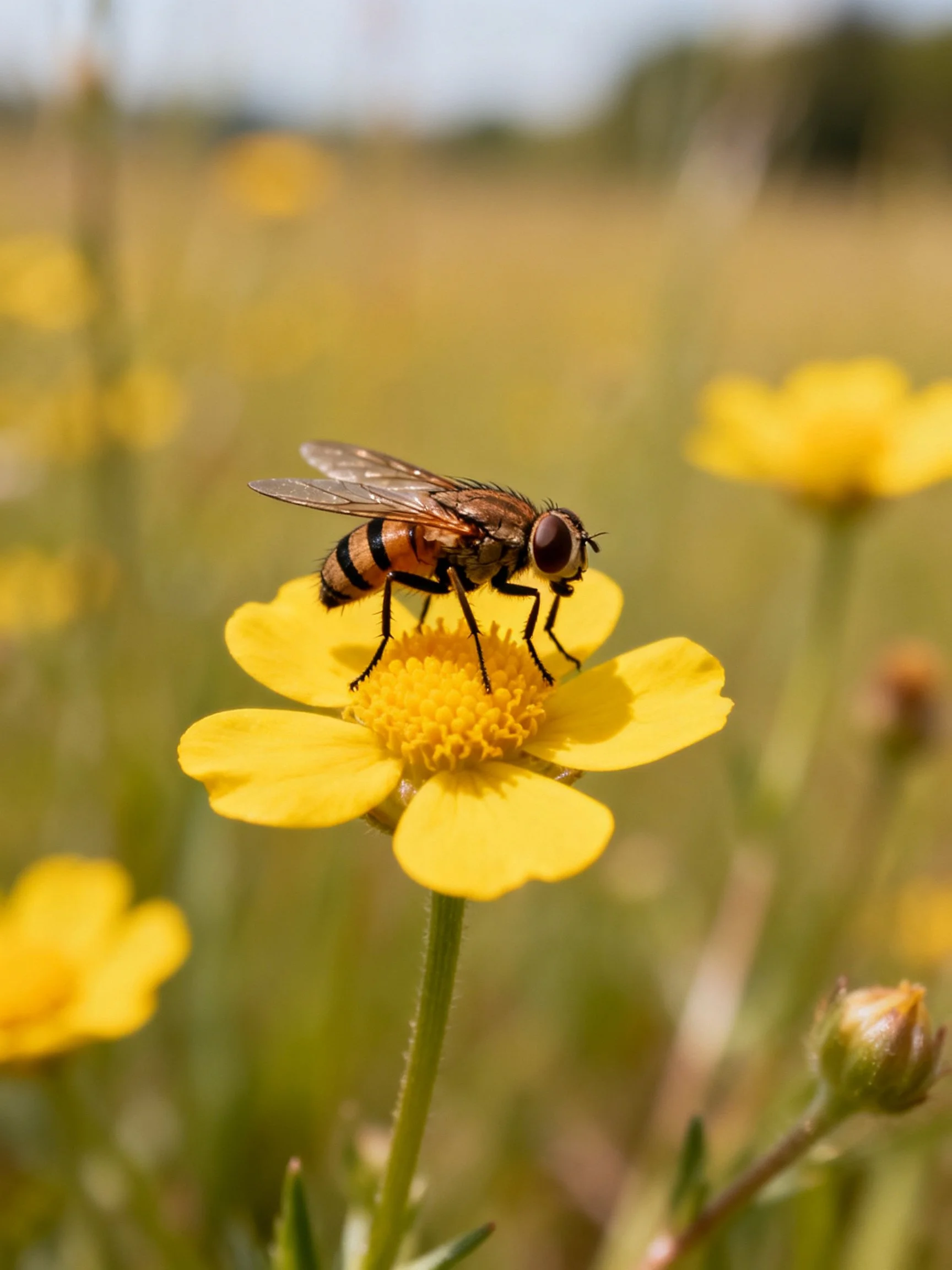 A striped insect perches on a bright yellow flower in a sunlit field