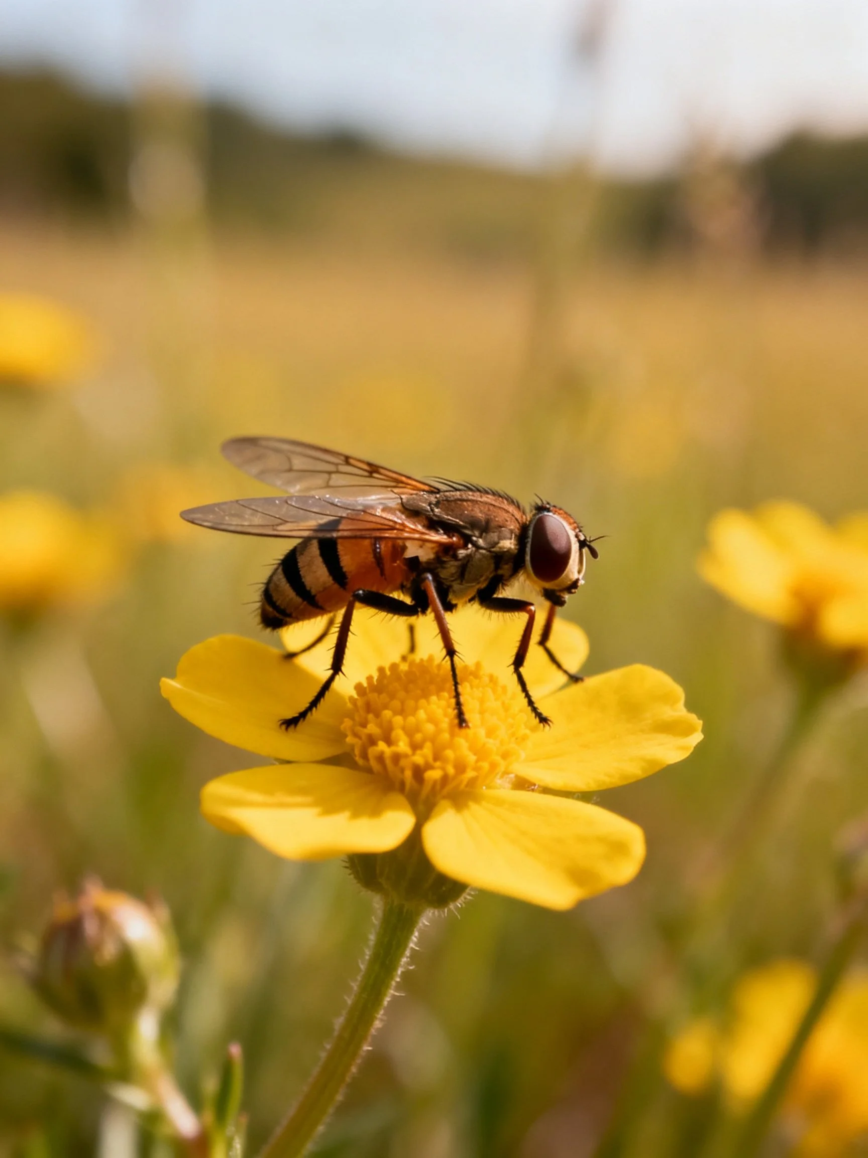 A striped insect perches on a vibrant yellow flower in a sunlit field