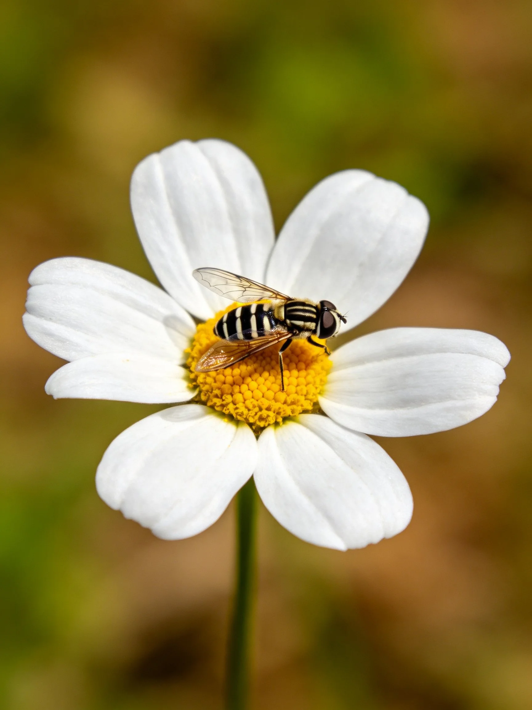 A striped insect perches on a white daisy with a yellow center