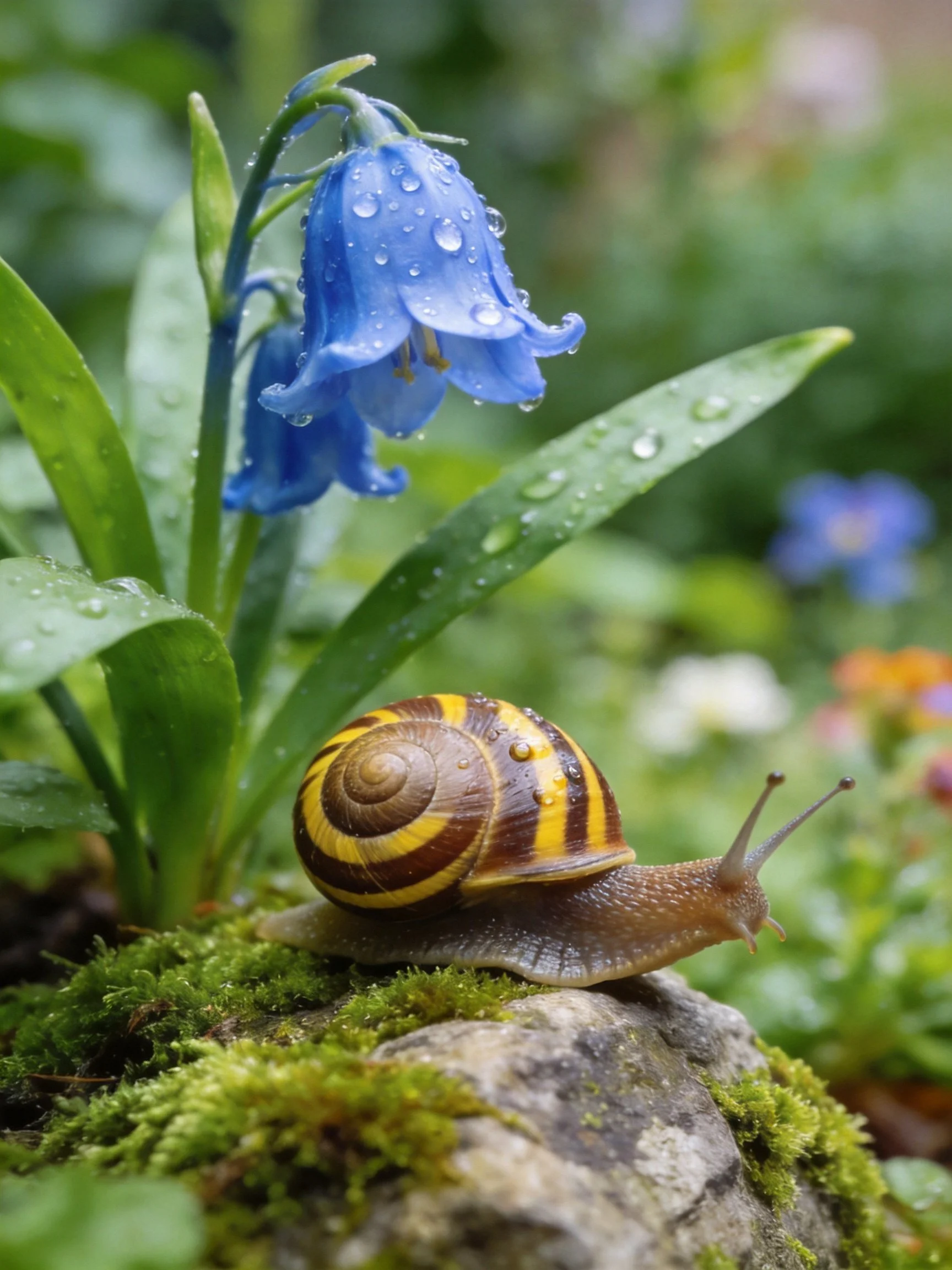A striped snail near bluebell flowers with dew drops