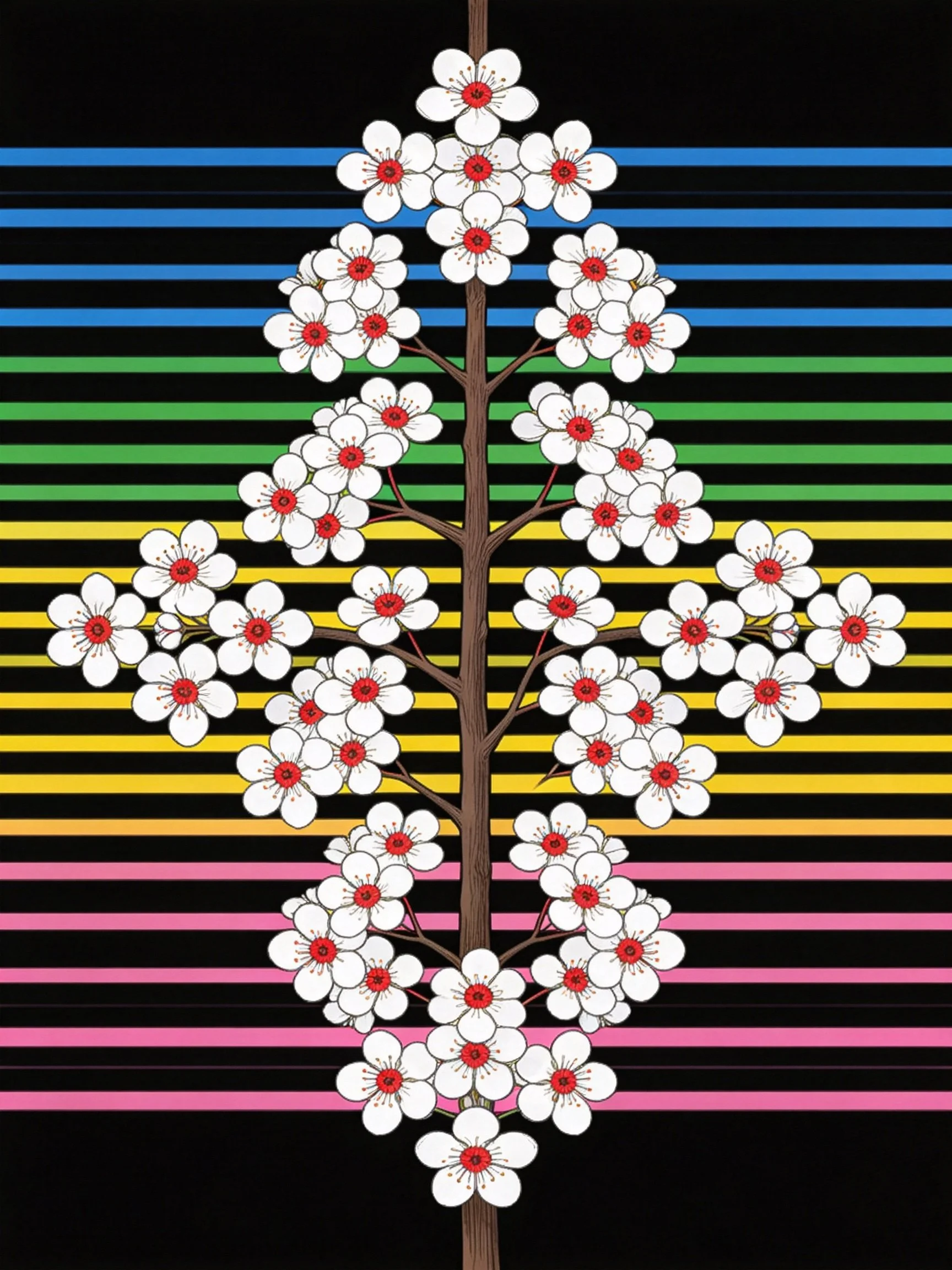 A stylized tree with white blossoms and red centers against colorful horizontal stripes
