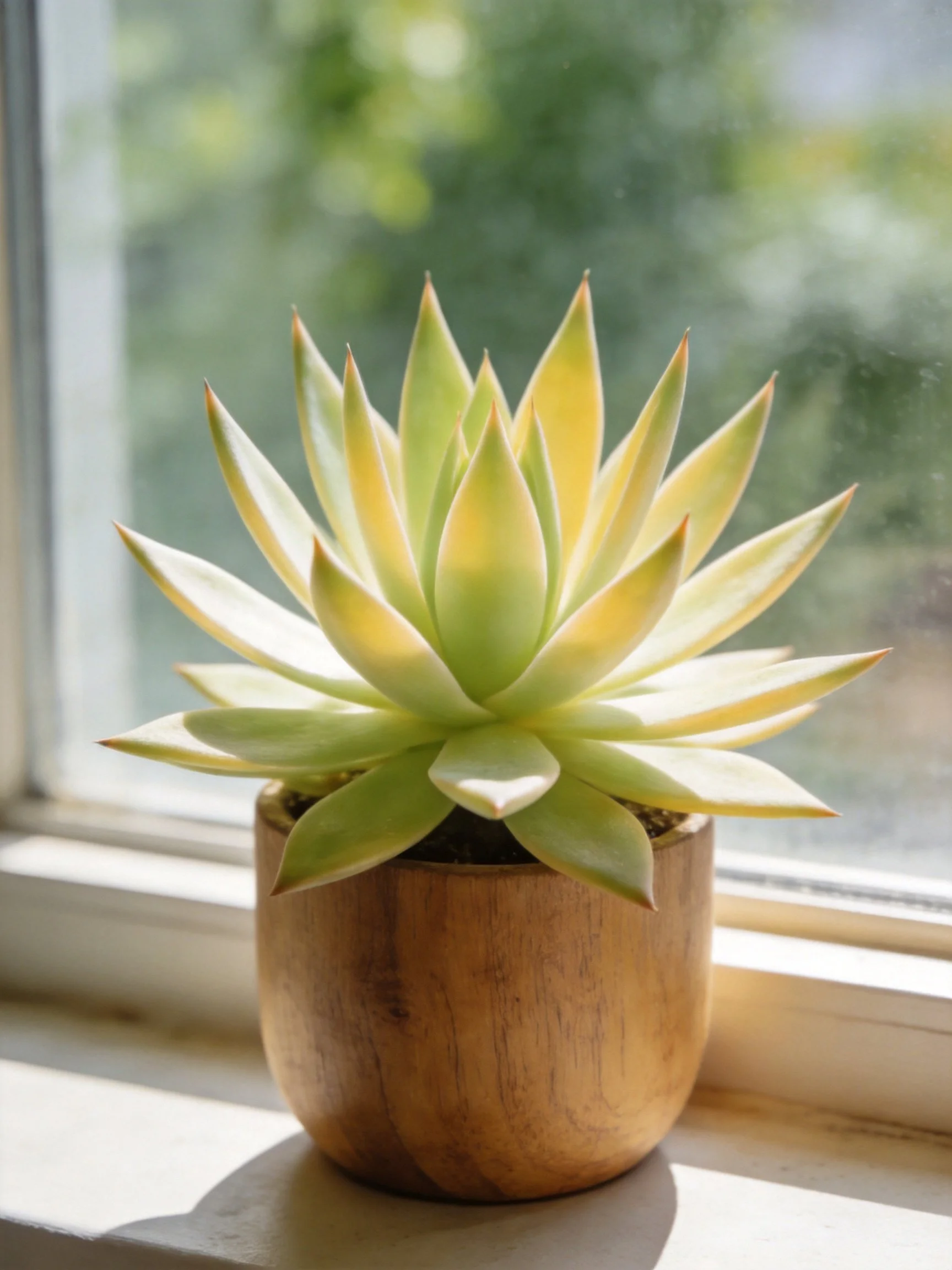 A succulent plant with pale green-yellow leaves in a wooden pot