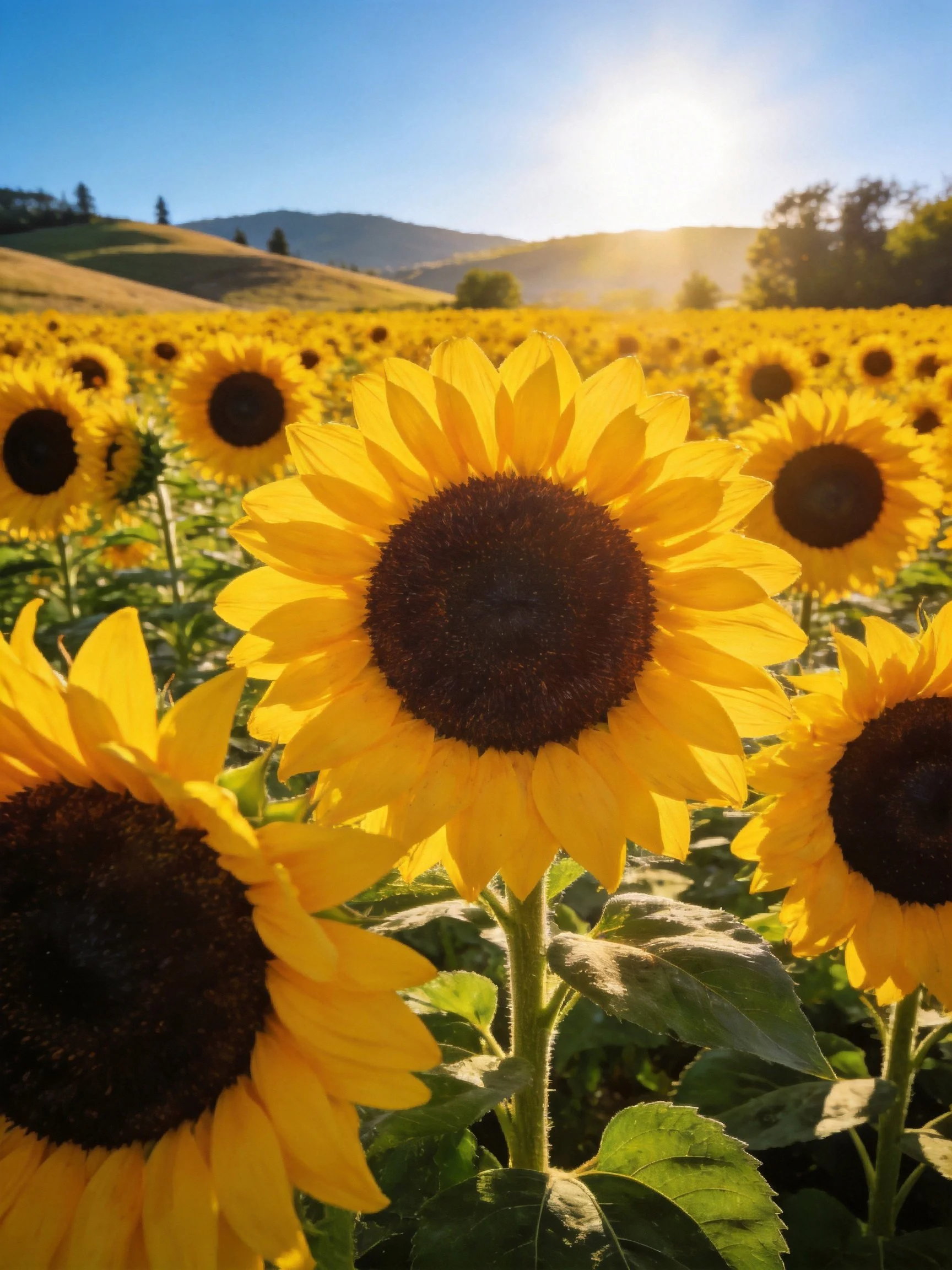 A sunflower field with vibrant yellow blooms under bright sunlight