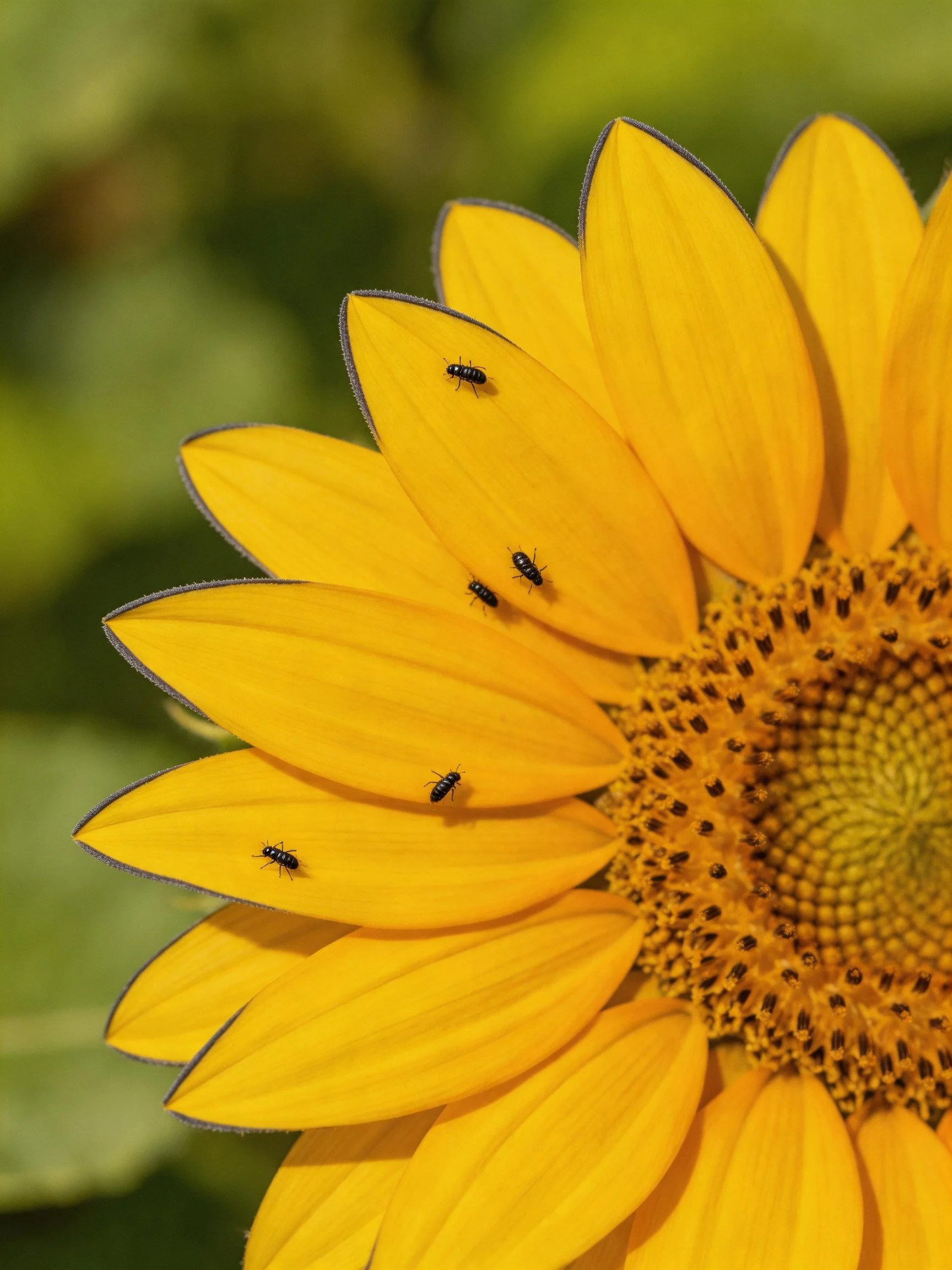 A sunflower with five small insects on vibrant yellow petals