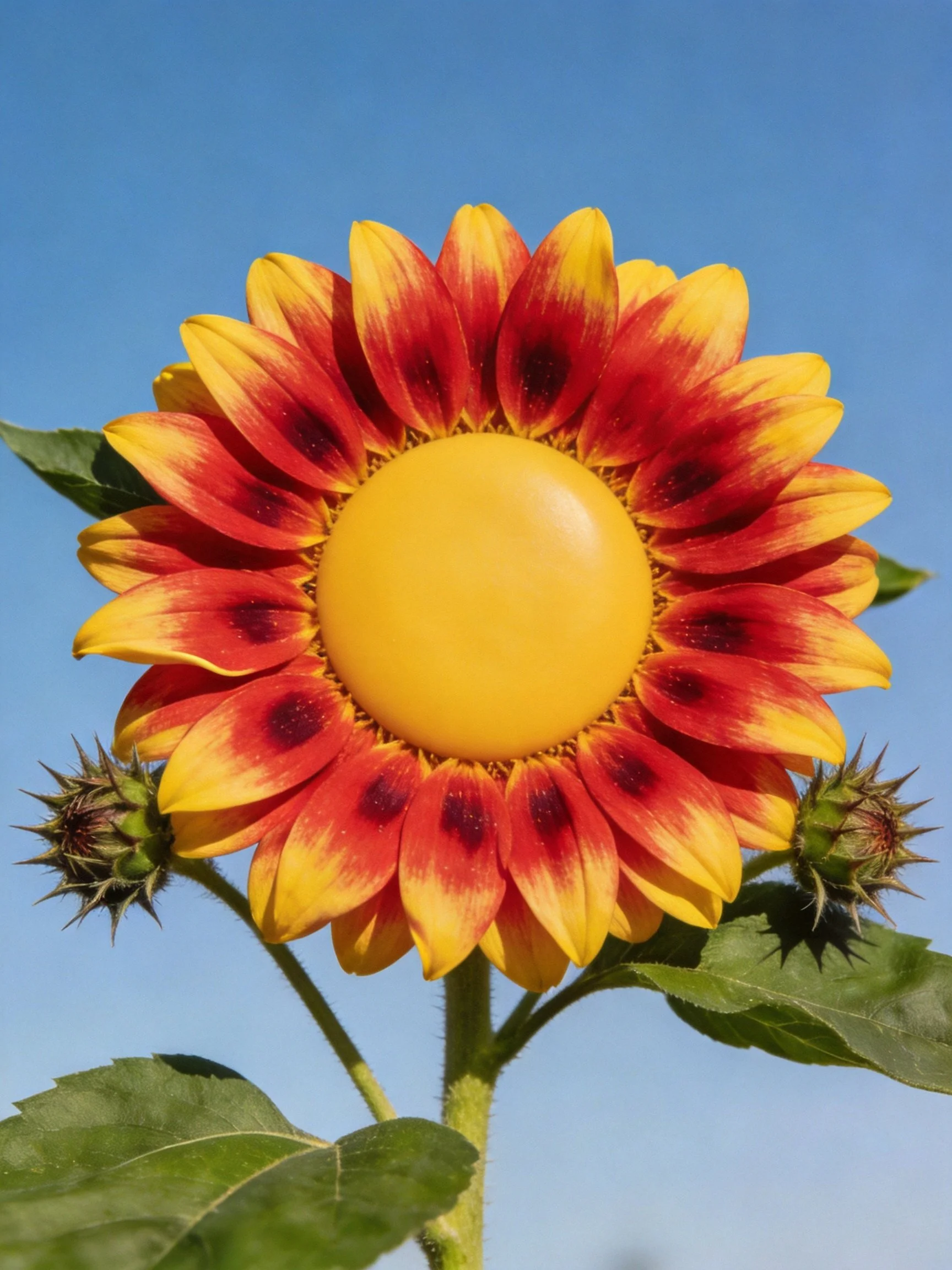 A sunflower with red-yellow petals and yellow center against blue sky
