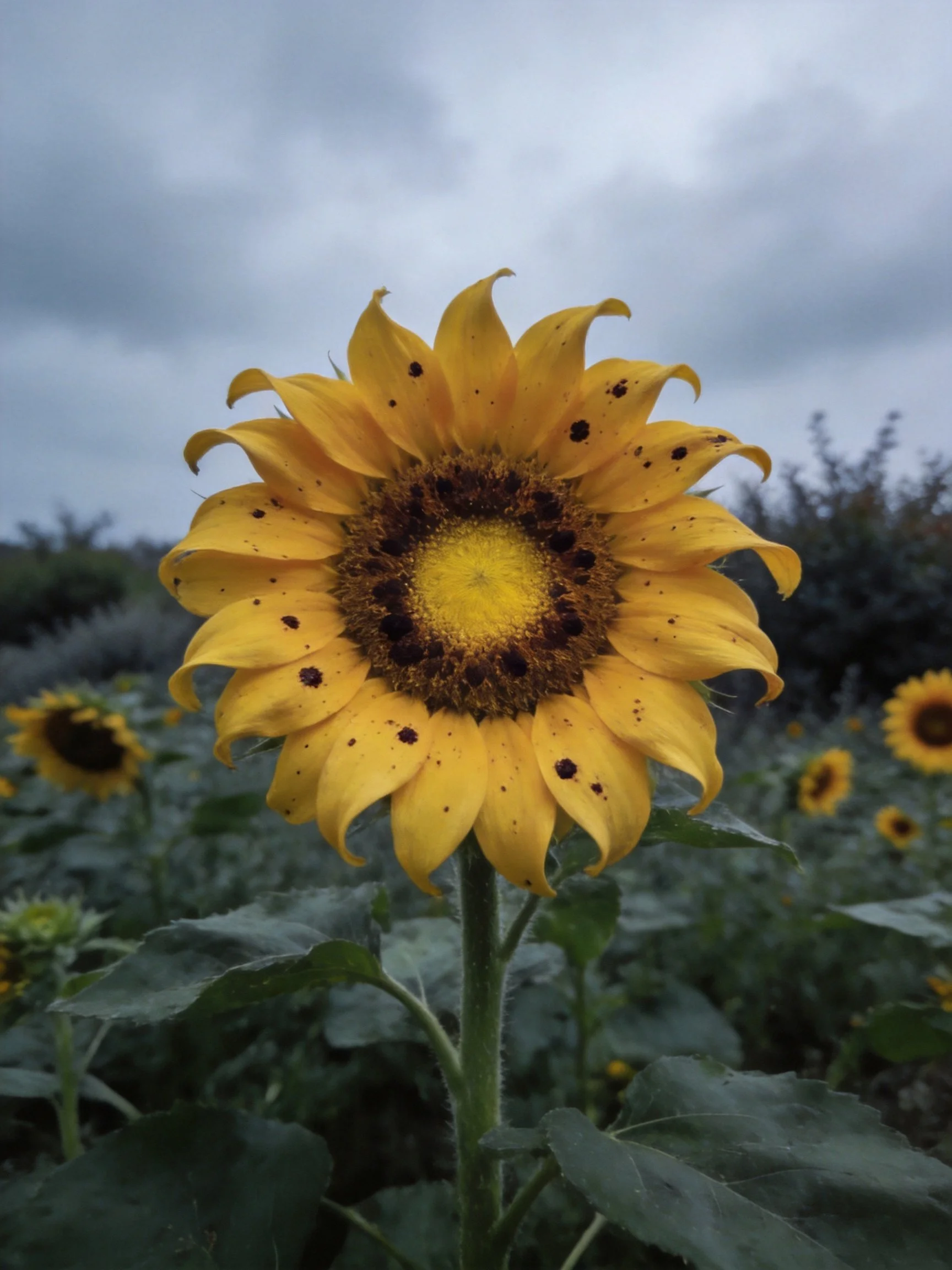 A sunflower with spotted petals stands in a field under cloudy skies