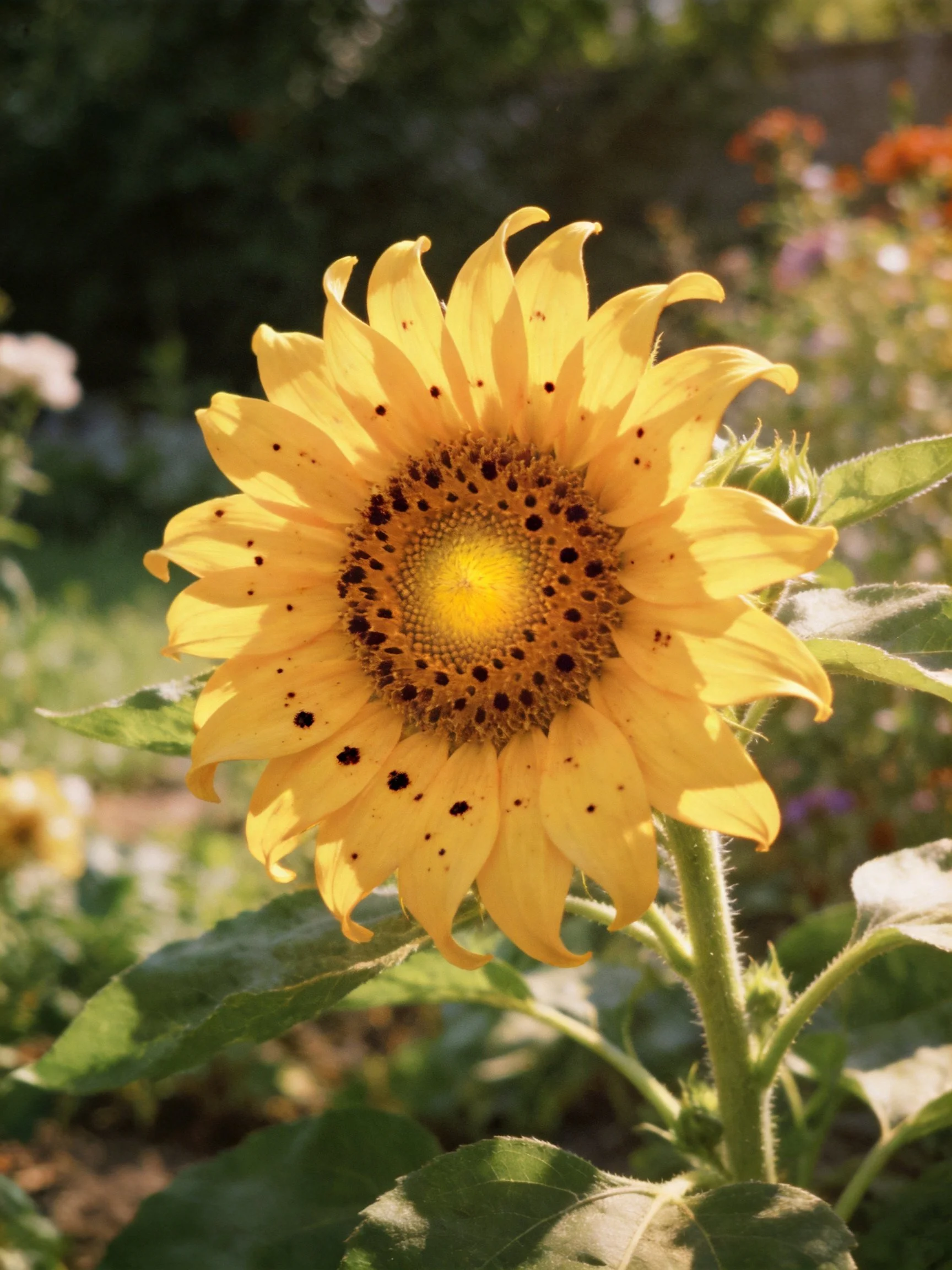 A sunflower with yellow petals and dark spots in a garden