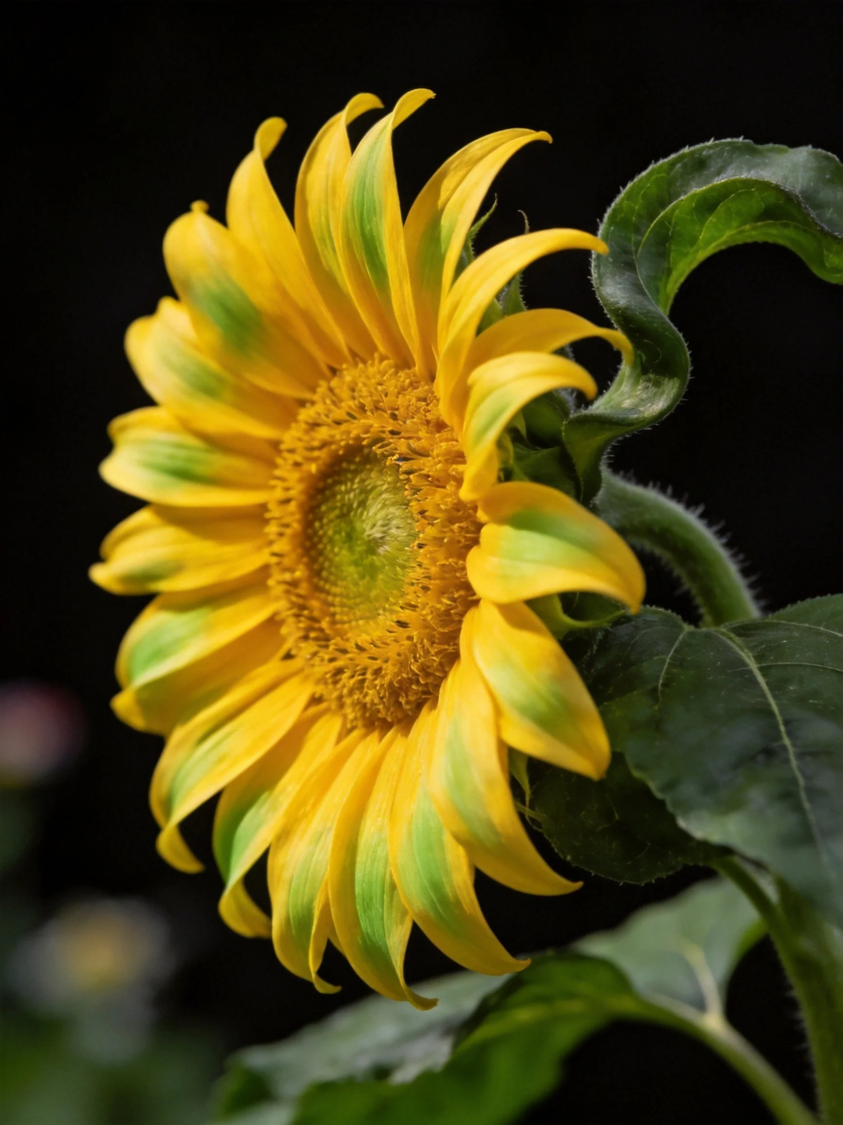 A sunflower with yellow petals and green streaks