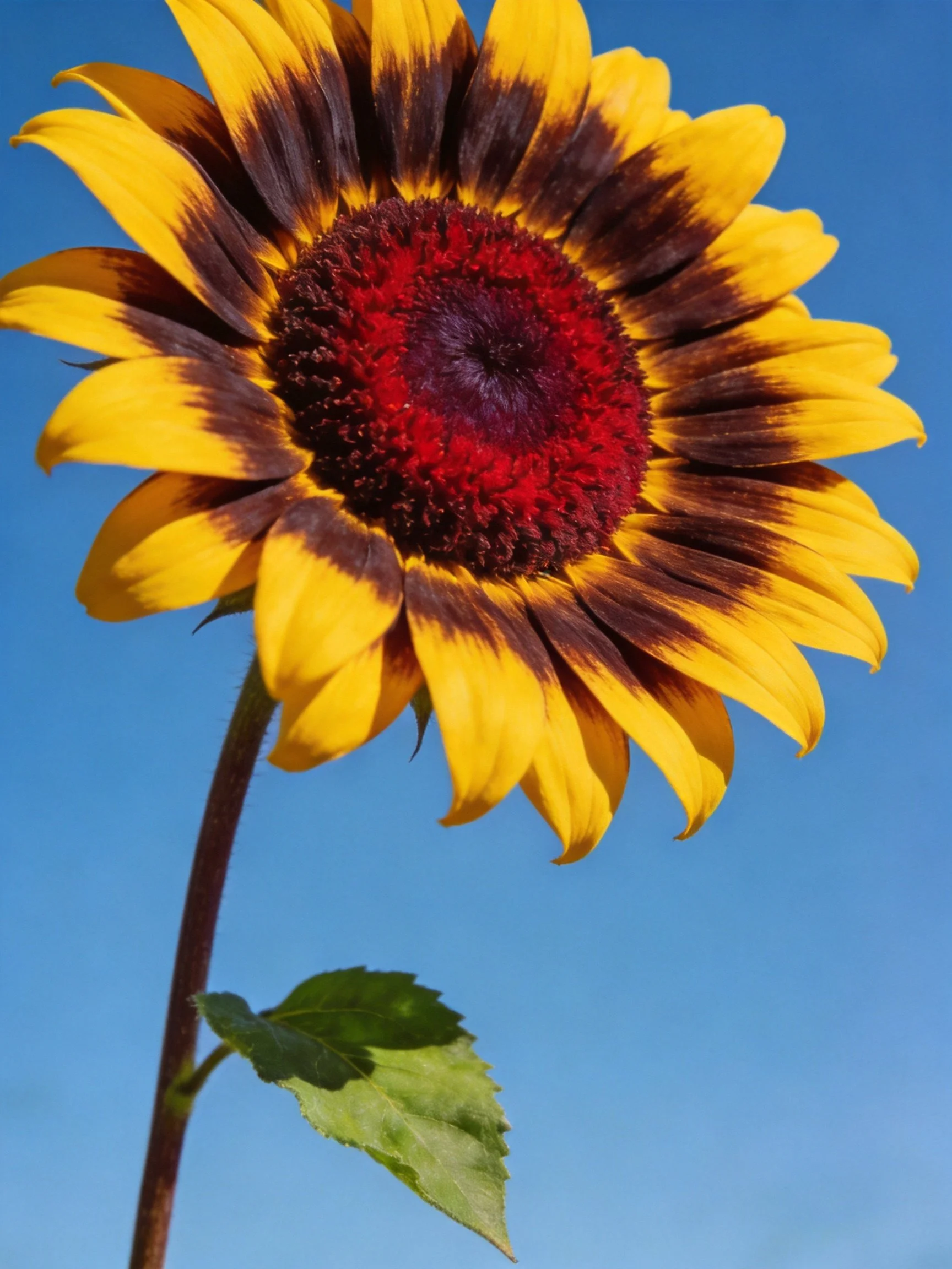 A sunflower with yellow petals, brown streaks, red center, and green leaf