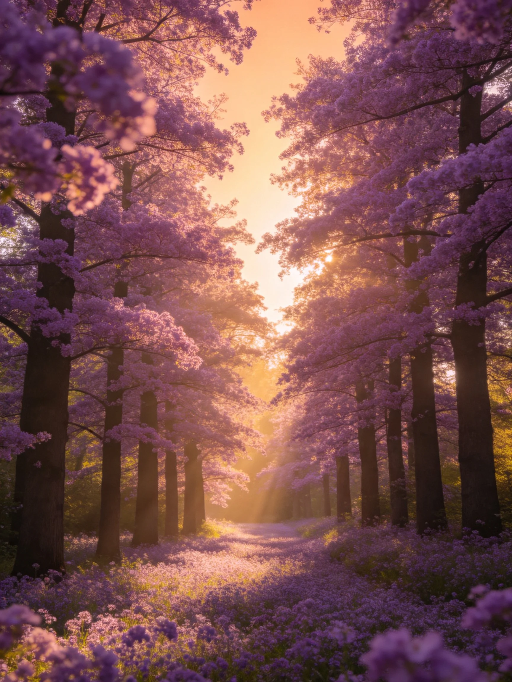 A sunlit forest path bordered by purple-flowered trees creates a peaceful scene