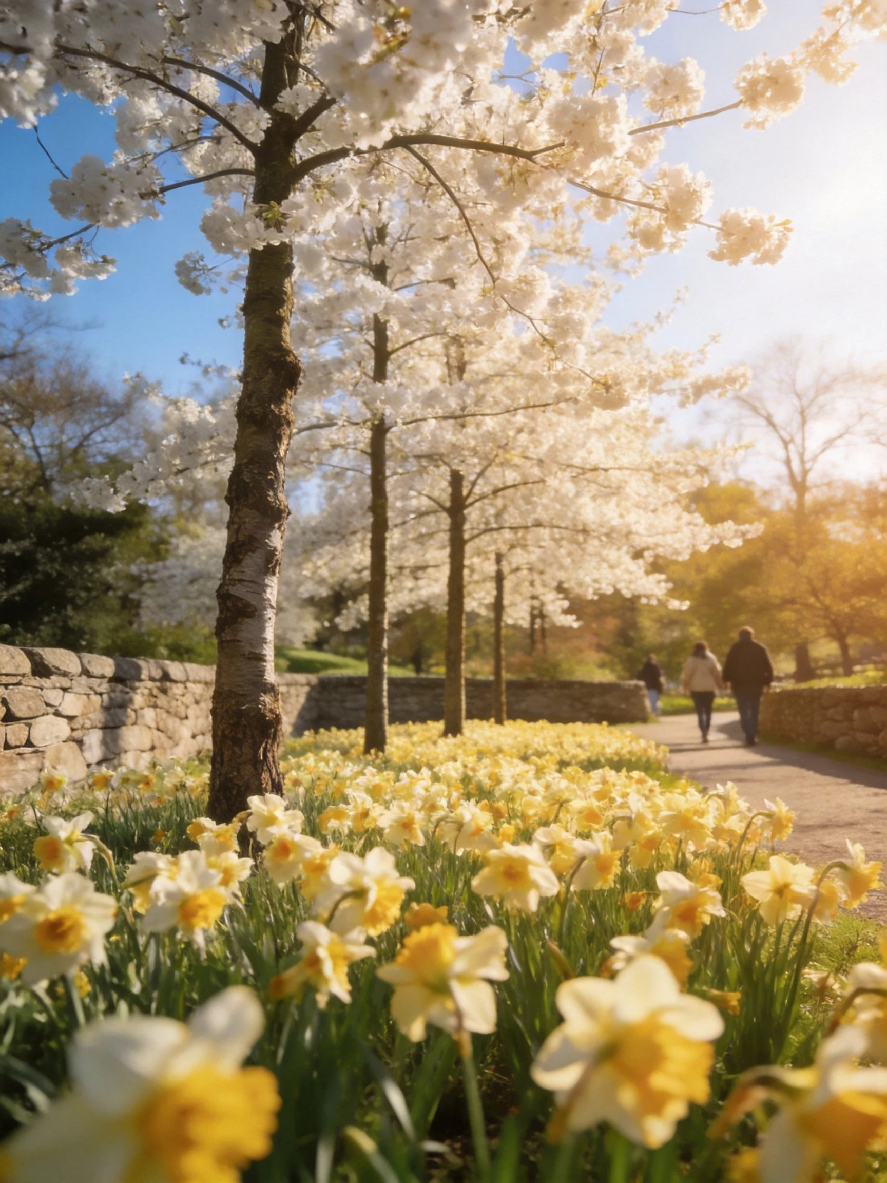 A sunlit path lined with cherry blossoms and yellow flowers has pedestrians nearby