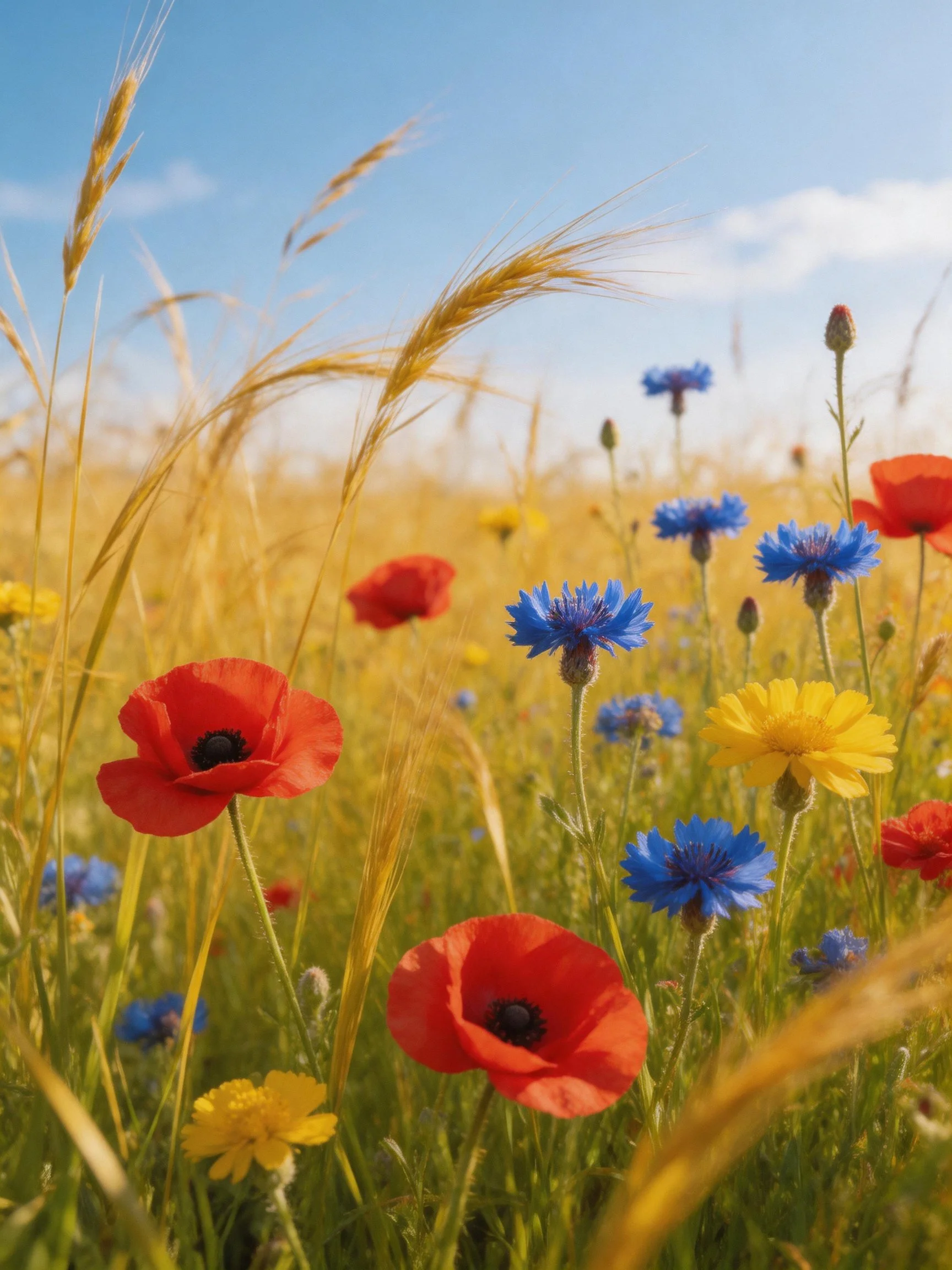 A sunny meadow with red poppies, blue cornflowers, and yellow blooms among golden grasses