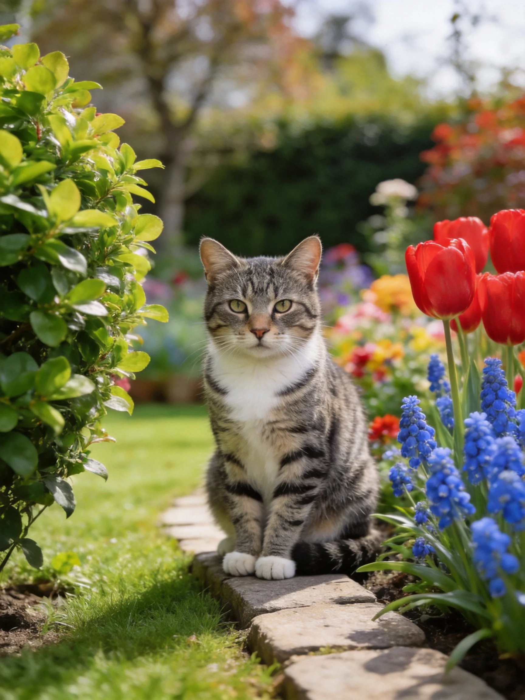A tabby cat sits among colorful flowers in a lush garden