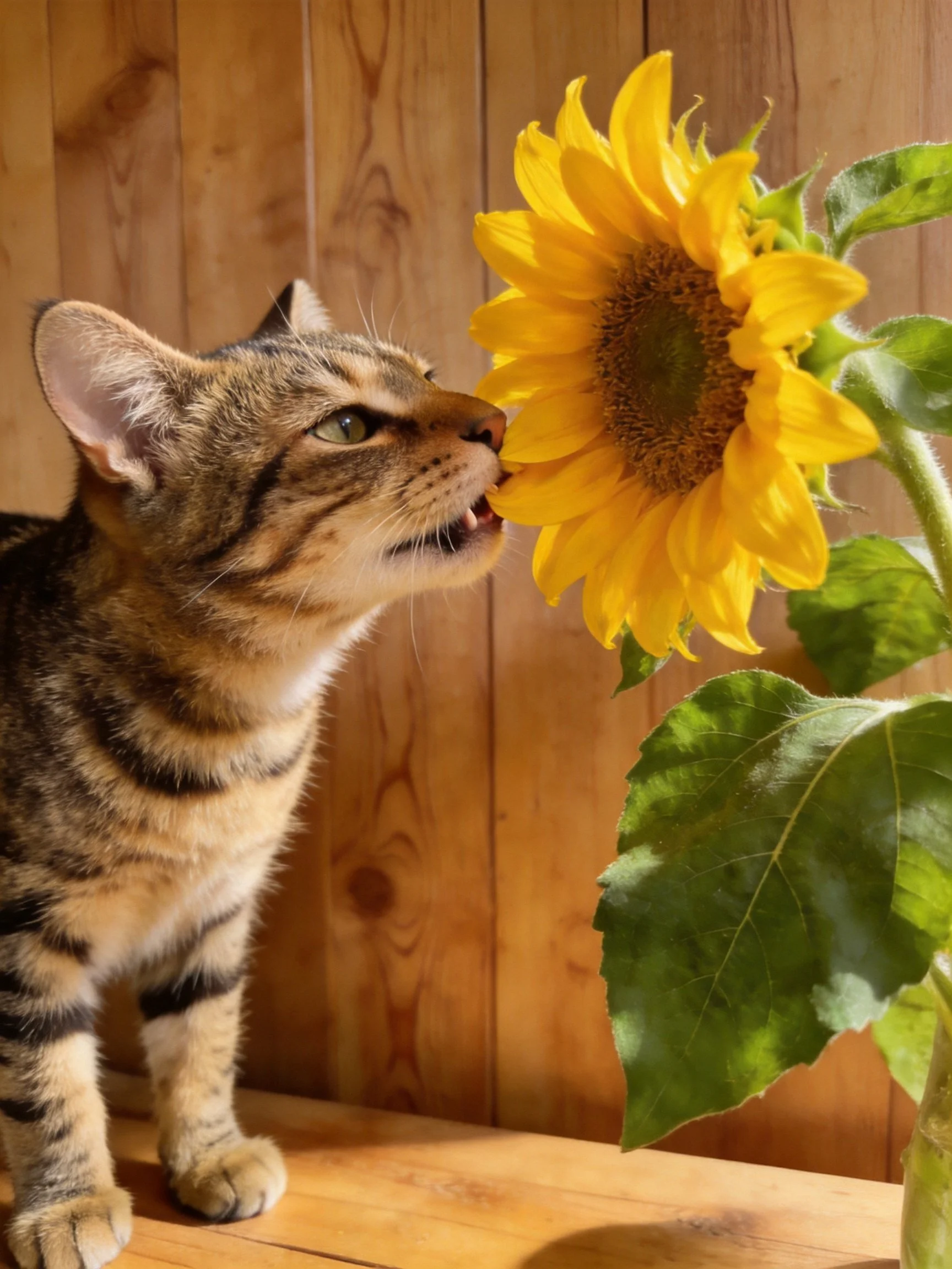 A tabby cat sniffs a bright yellow sunflower near wooden walls