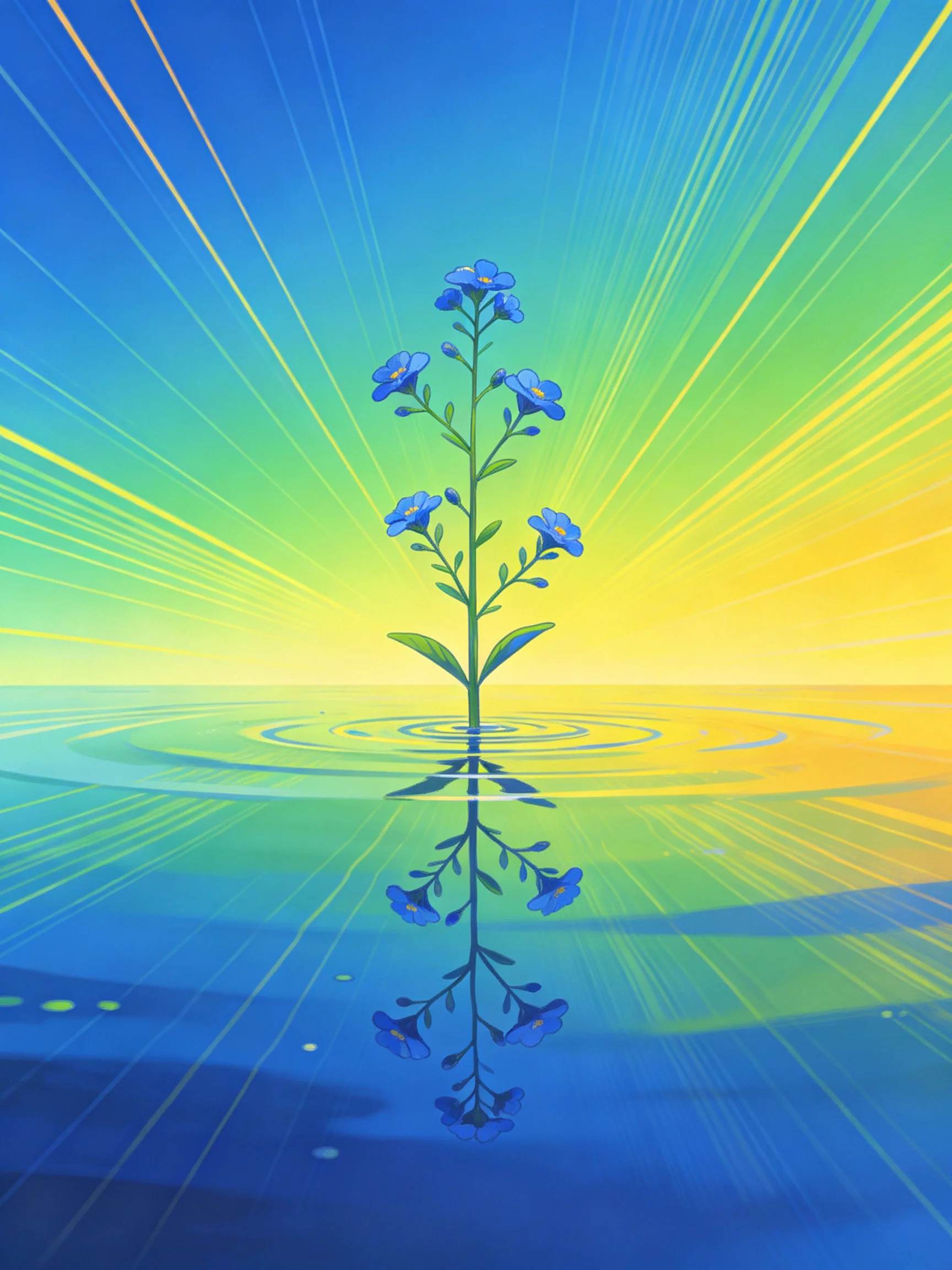 A tall blue-flowered plant reflects in water under radiant blue-yellow sky