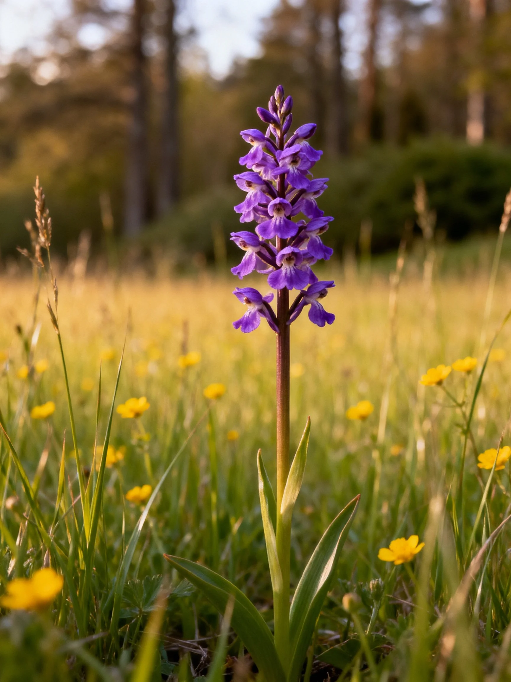 A tall purple wildflower stands among yellow blooms in a sunlit meadow