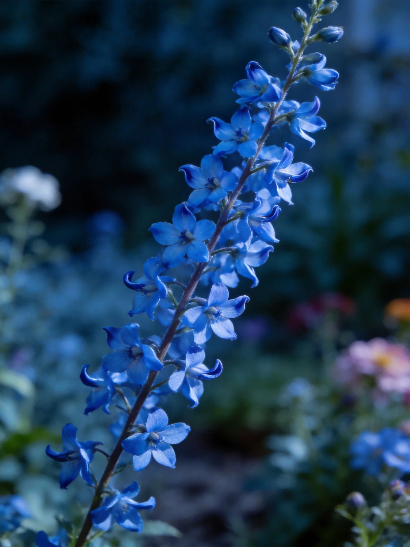 A tall stem adorned with vibrant blue flowers amid dark greenery