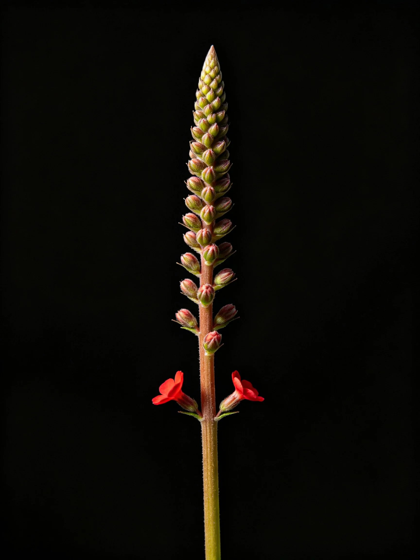 A tall stem with a cone - shaped bud cluster and two bright red flowers