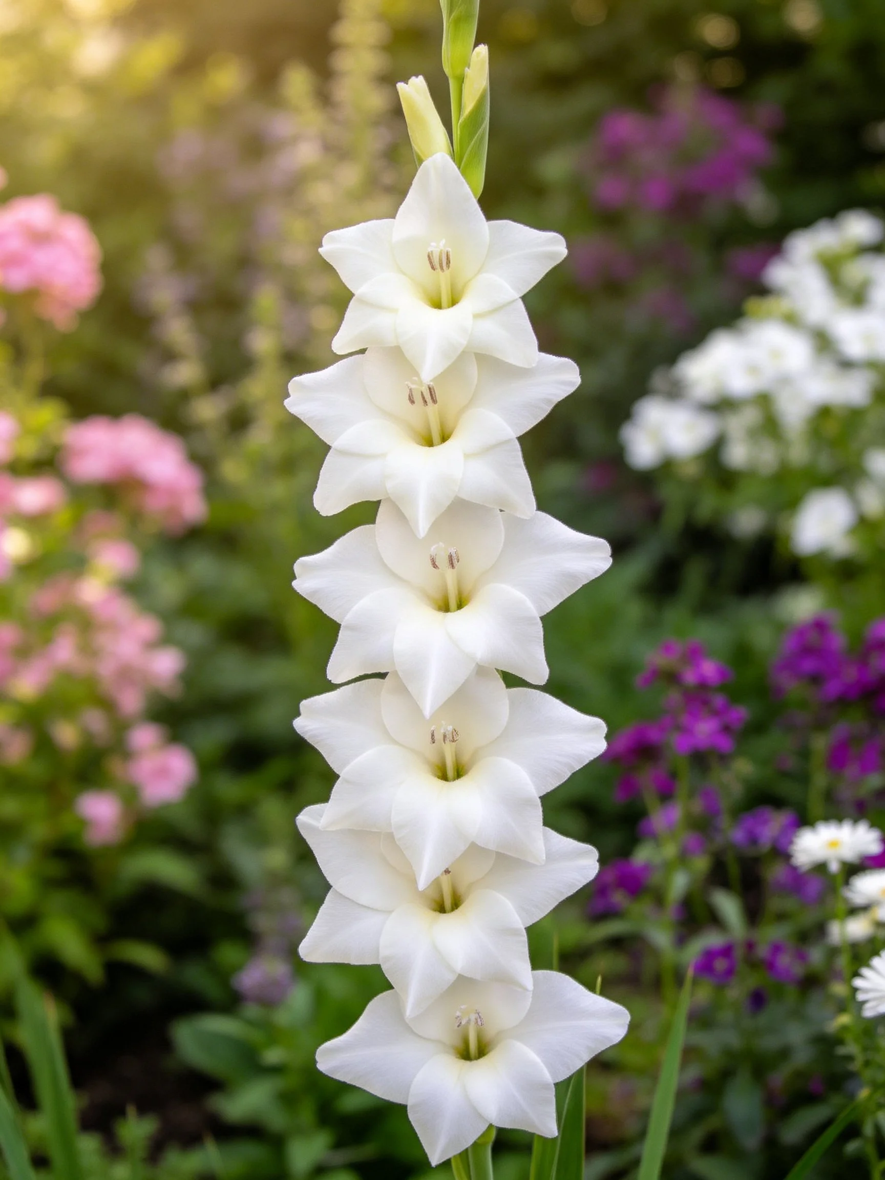 A tall white gladiolus with multiple blooms among colorful garden flowers
