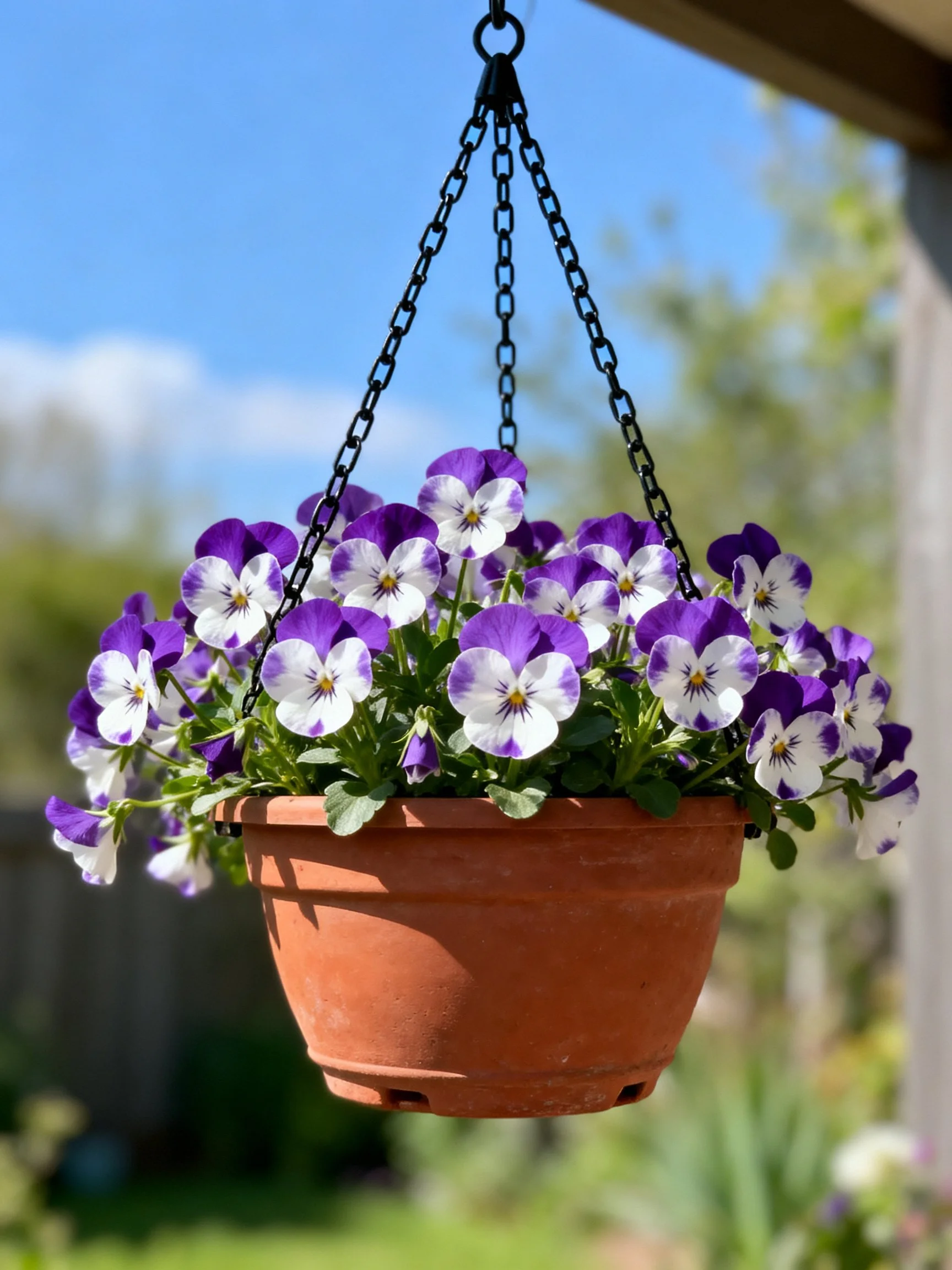 A terracotta hanging planter with purple and white pansies