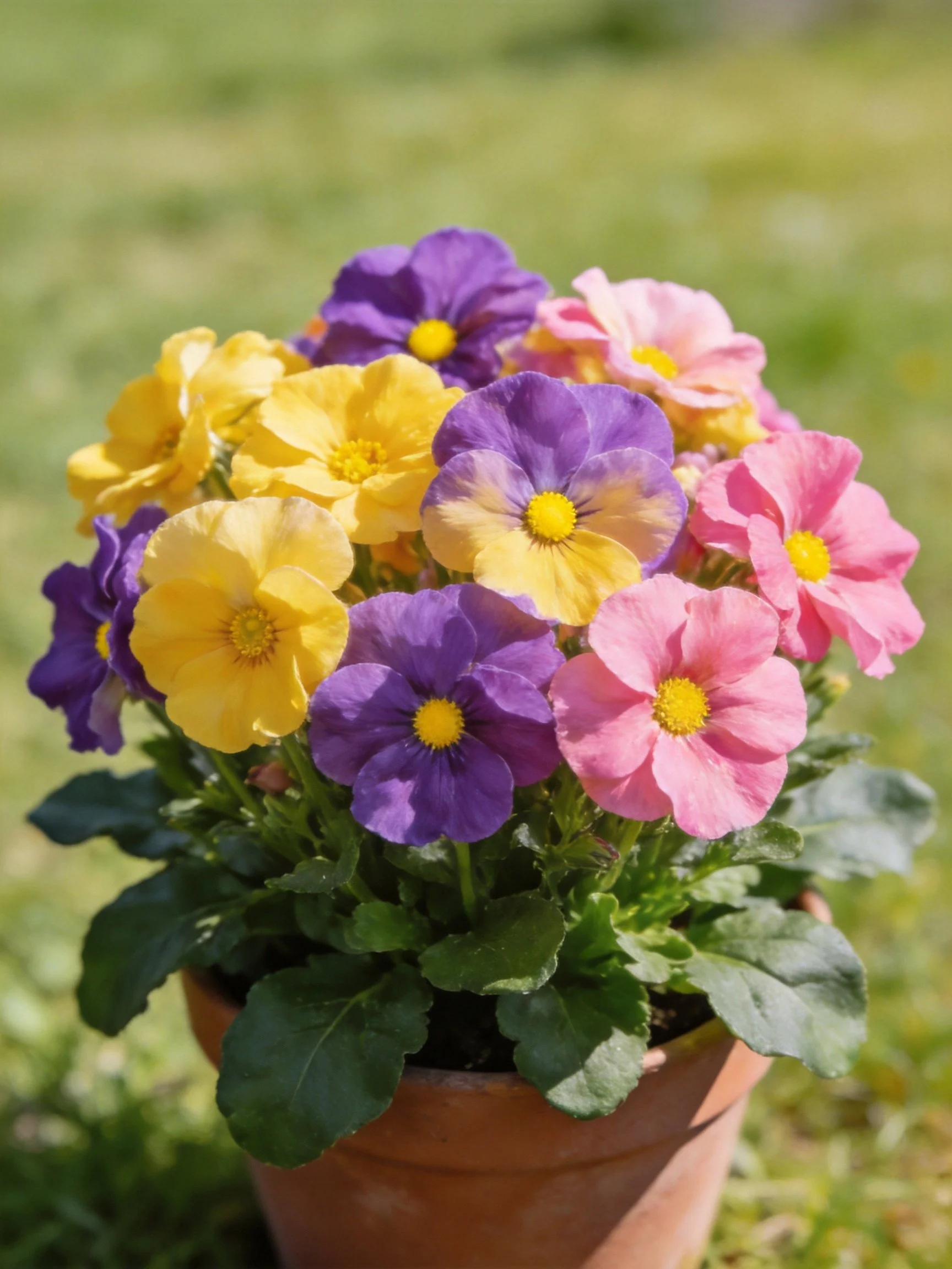 A terracotta pot holds vibrant purple, yellow, and pink flowers
