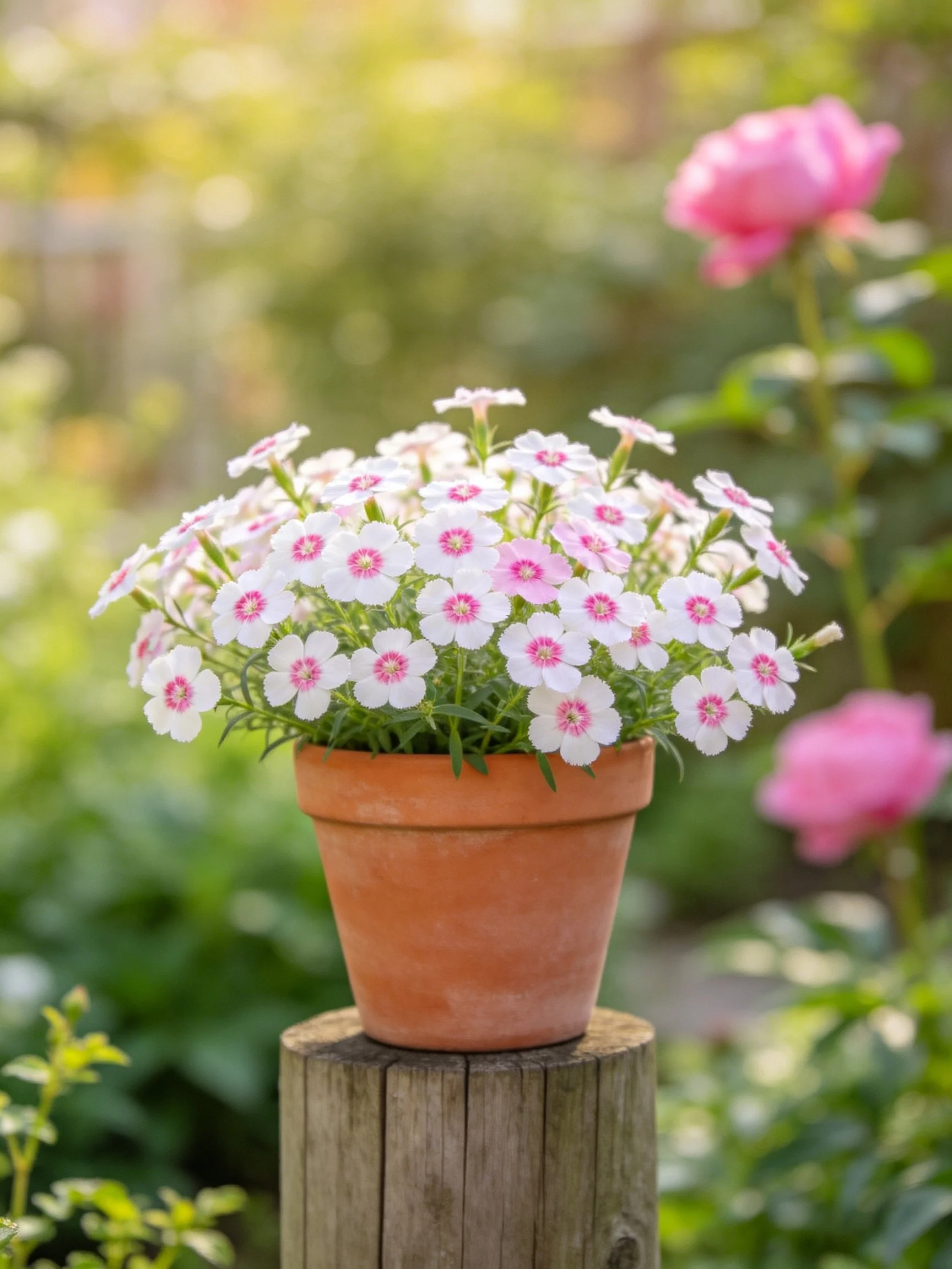 A terracotta pot holds white-pink flowers on a wooden post in a sunlit garden