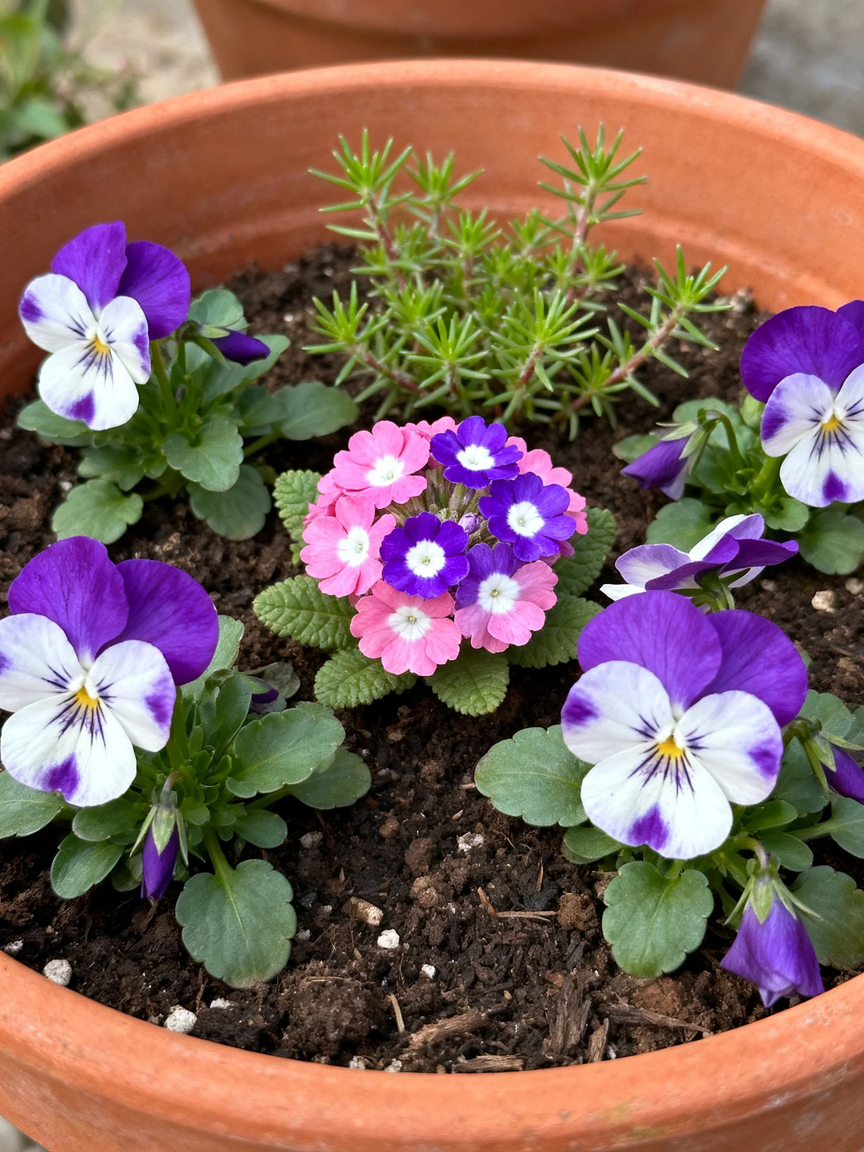 A terracotta pot with vibrant pansies and mixed flowering plants
