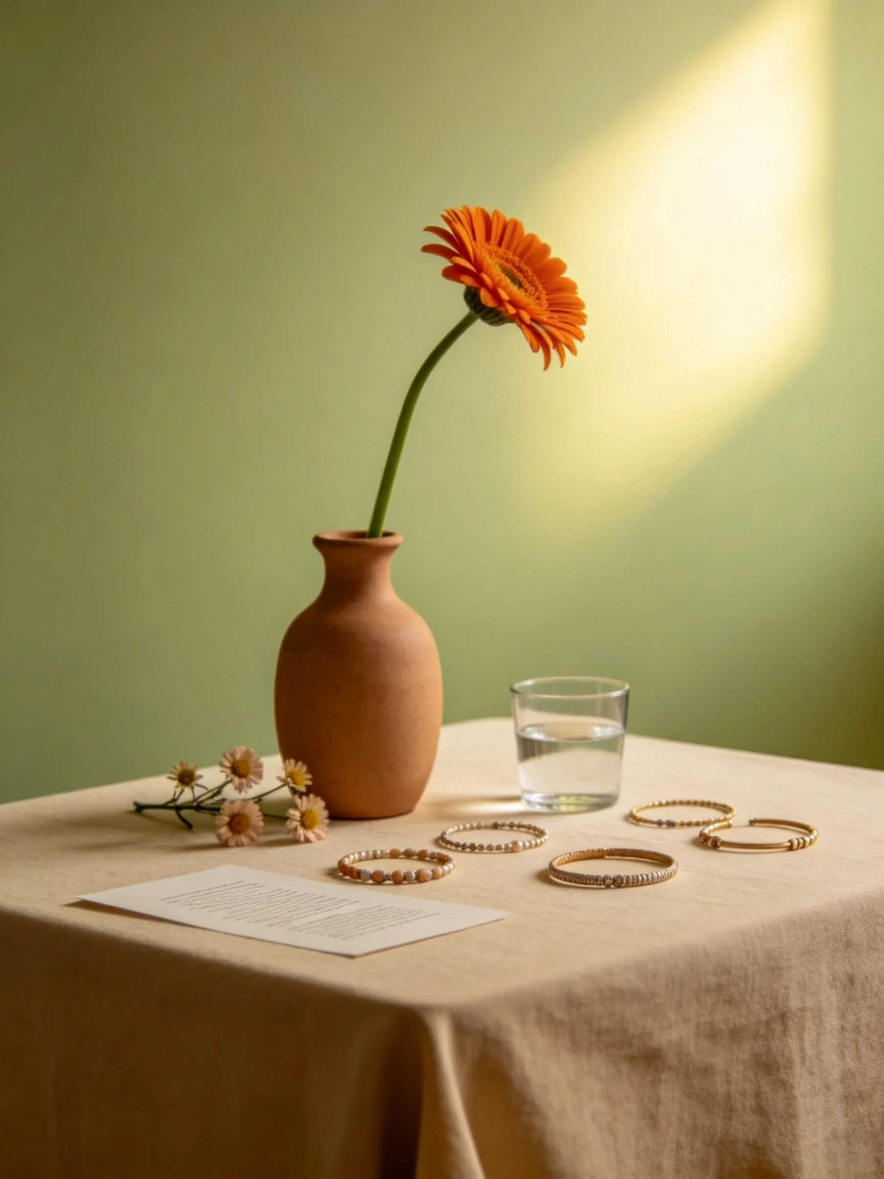 A terracotta vase holds an orange gerbera near golden bangles and a glass of water