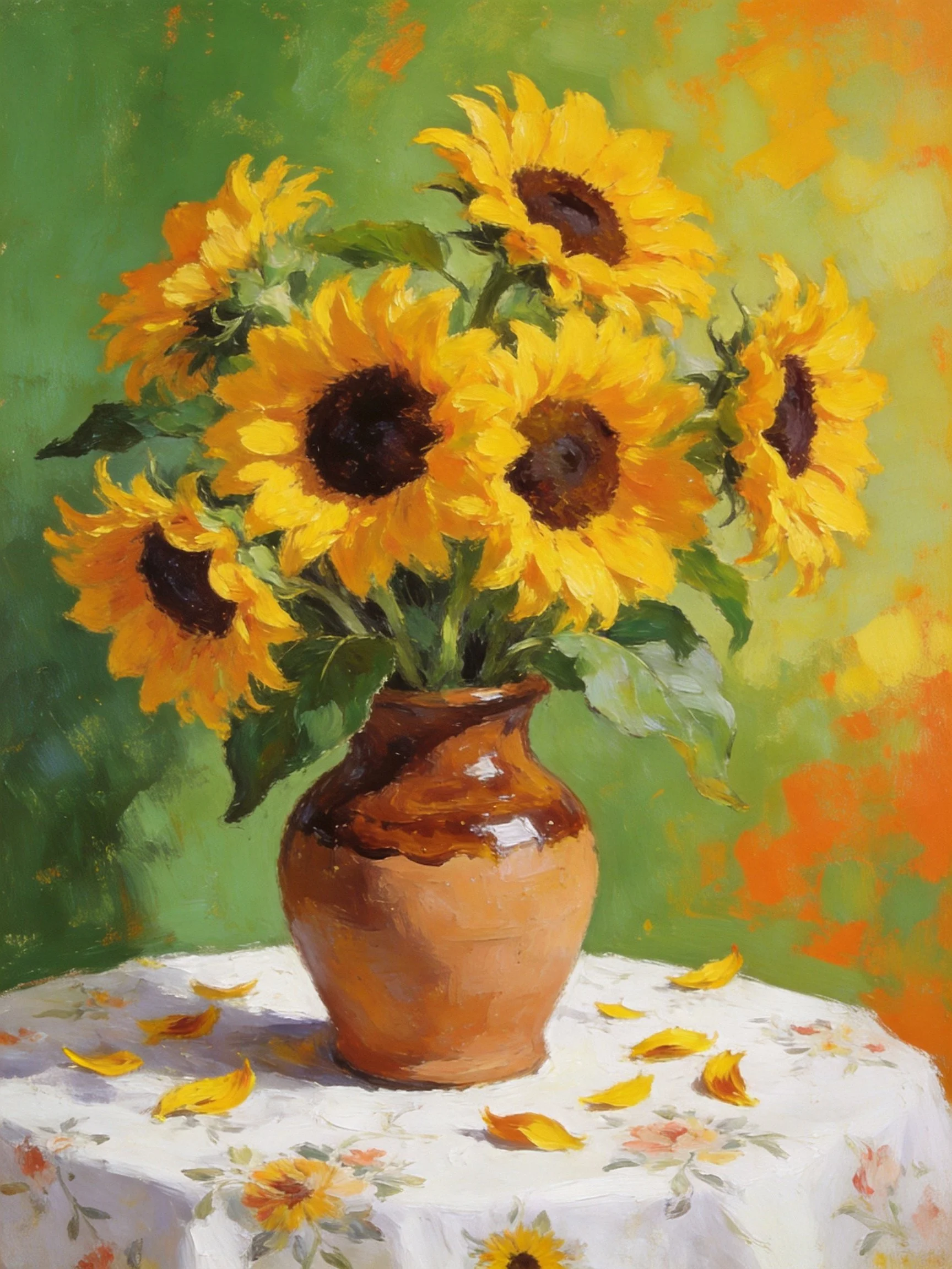 A terracotta vase holds vibrant sunflowers on a floral tablecloth