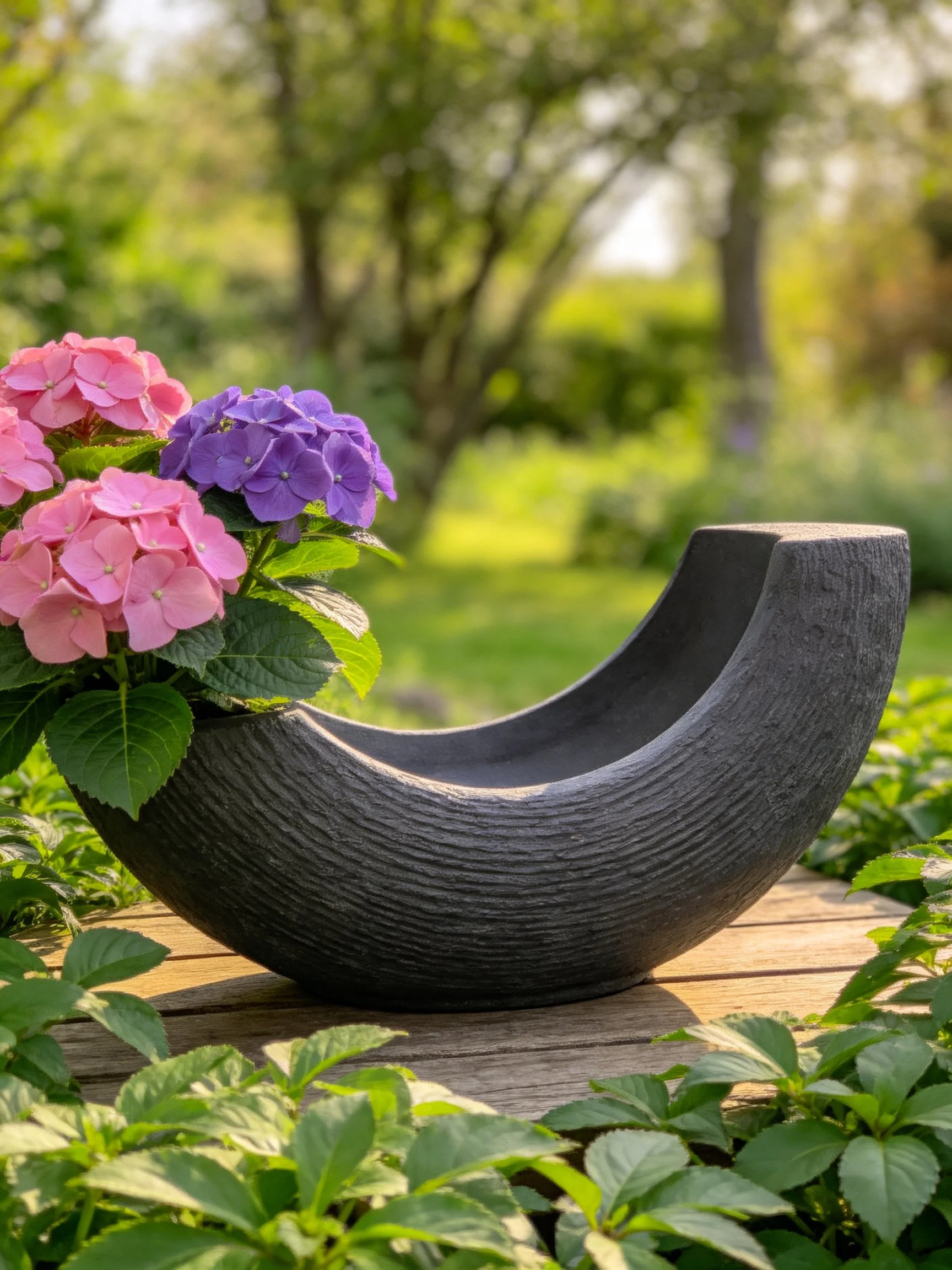 A textured black crescent planter holds pink and purple hydrangeas