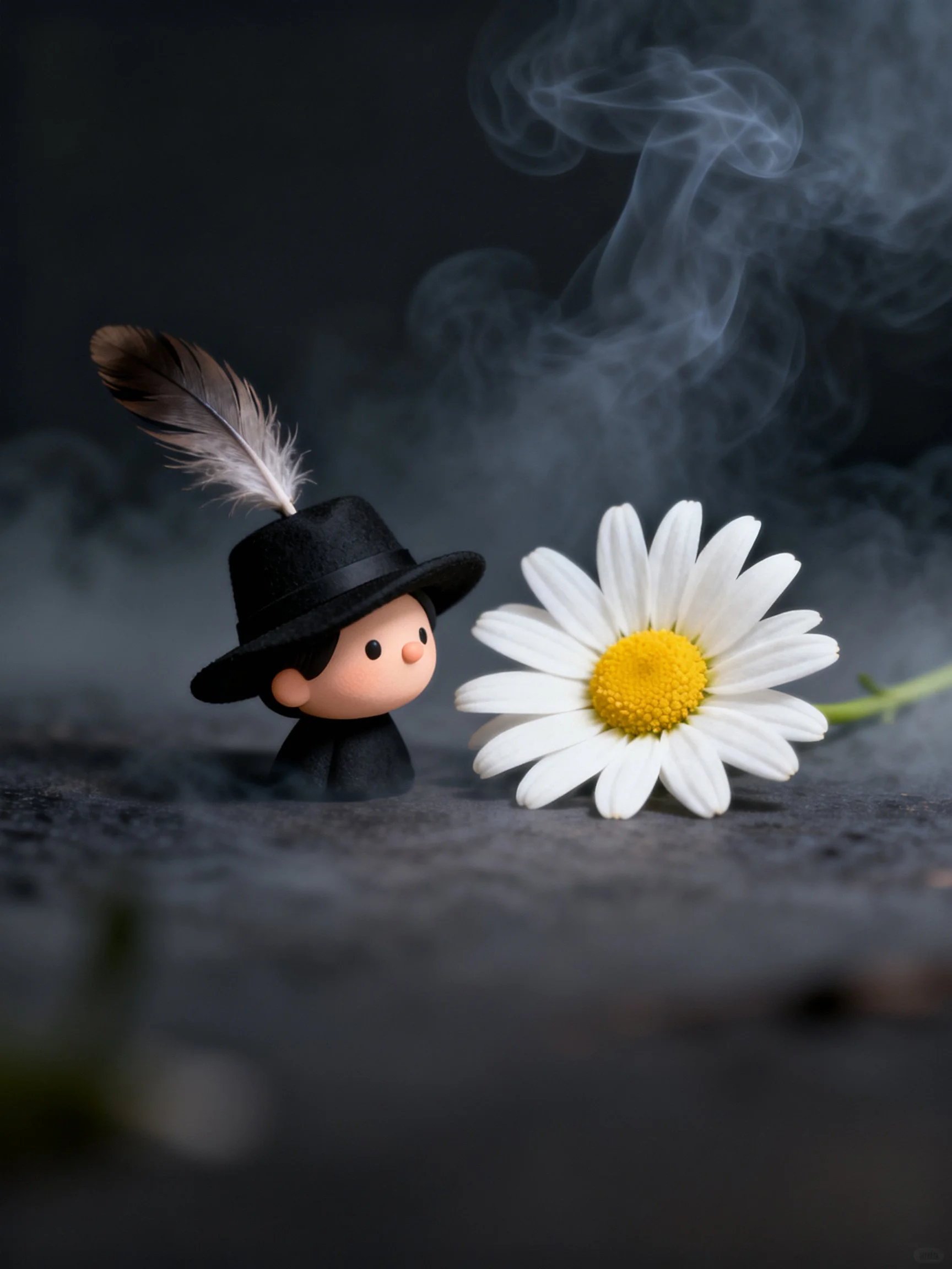 A tiny figurine in a black hat with a feather beside a white daisy amidst swirling smoke