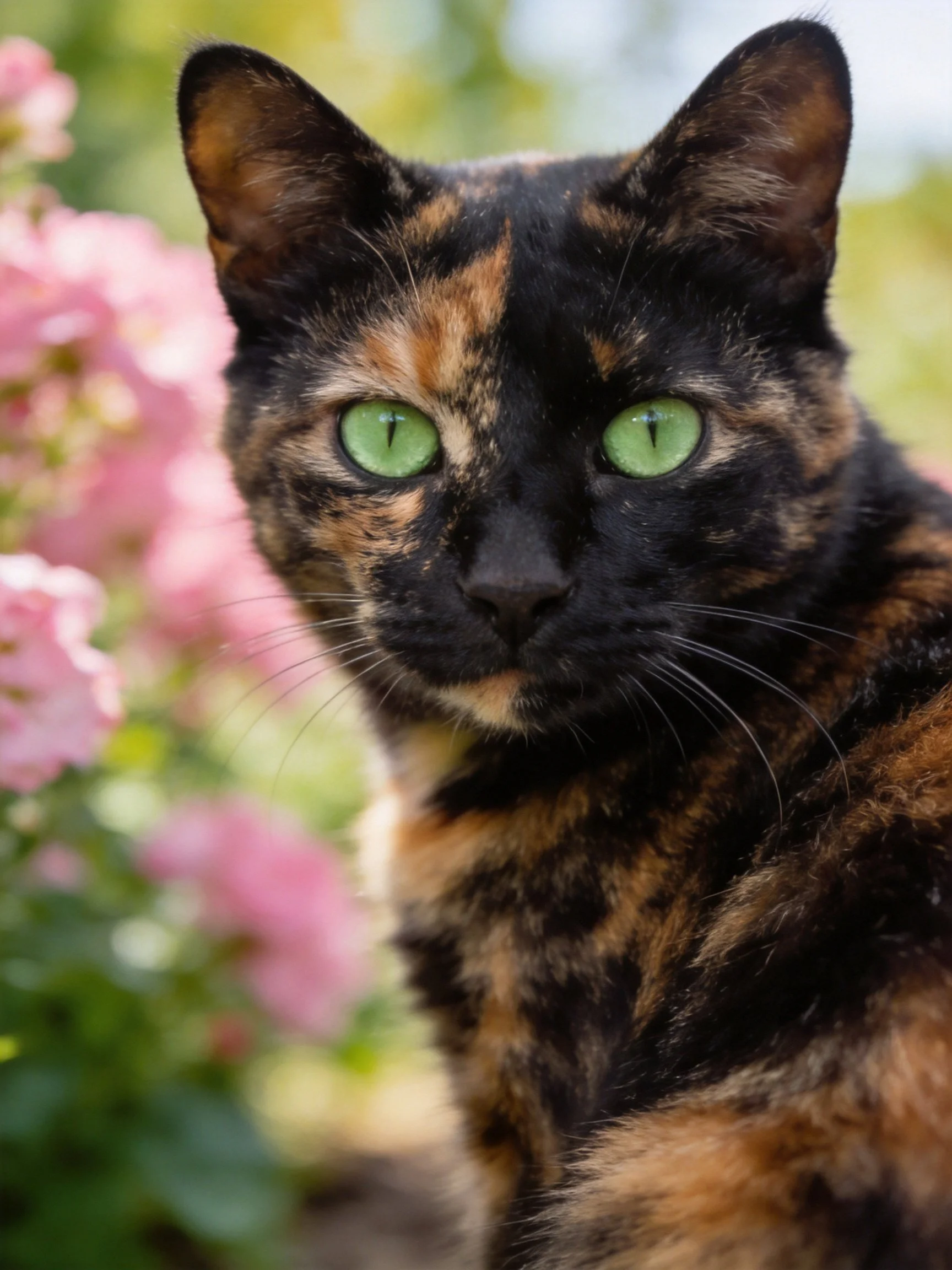 A tortoiseshell cat with bright green eyes near pink blooms